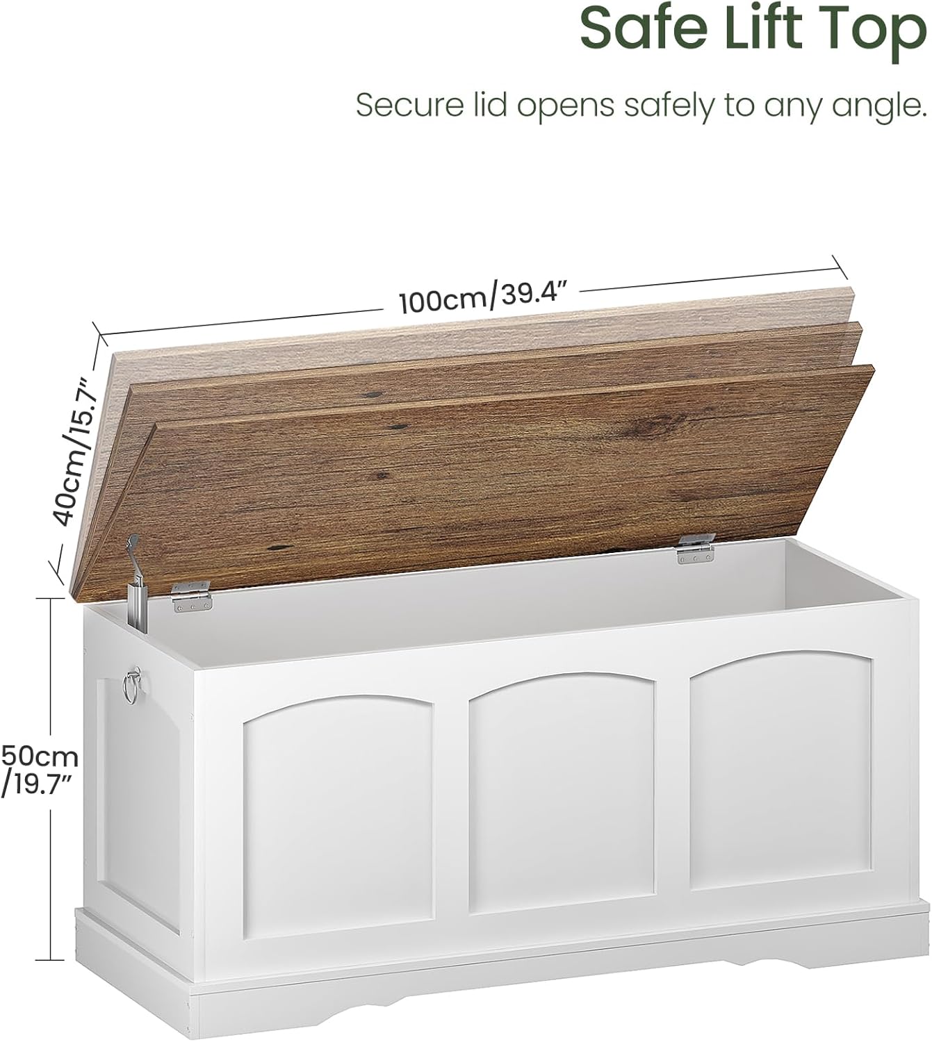 39.4" Storage Chest Bench with Lift Lid, Toy Chest with Safety Hinge, Entryway Shoe Bench, Wooden Storage Trunk, Holds up to 220 lb, for Living Room, Bedroom, Hall, White and Walnut MCW12WL