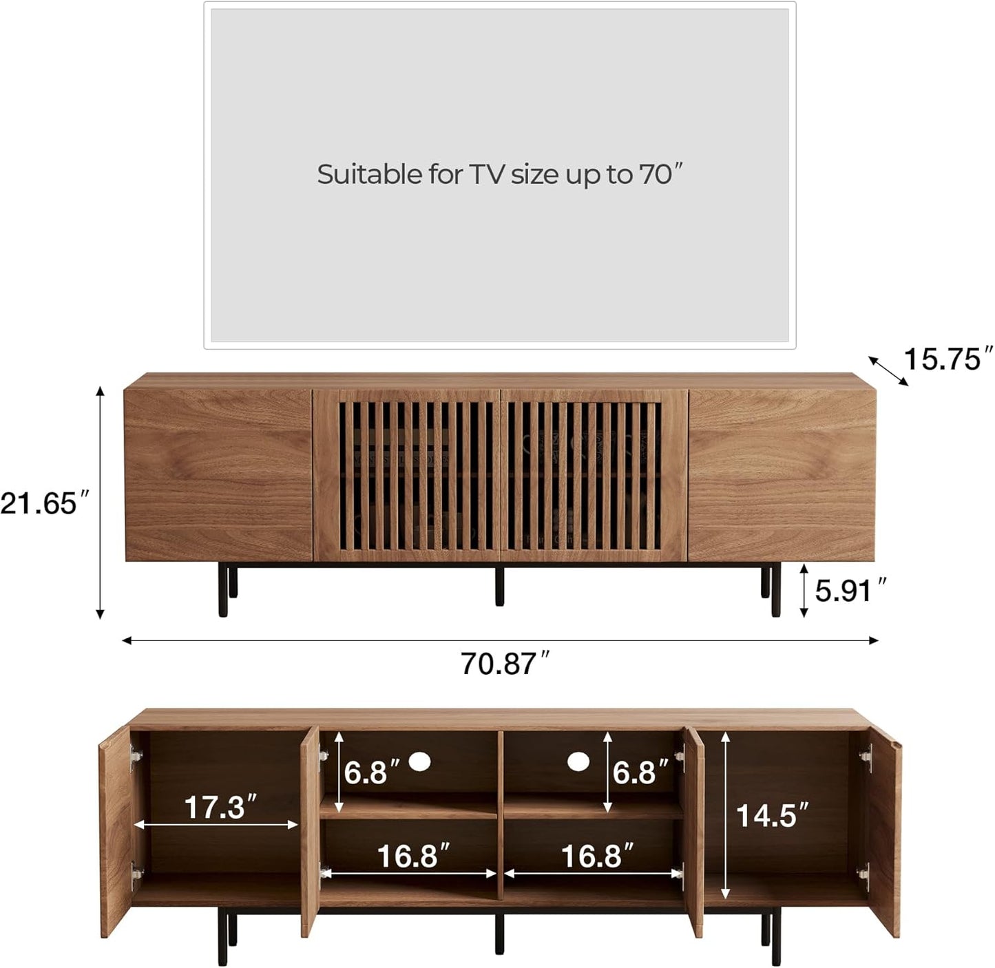 Modern TV Cabinet for 70-inch TV, TV Table with Large Storage Space, TV Cabinet Media Console for Living Room and Bedroom, 180 cm, Walnut Color (70.87“)