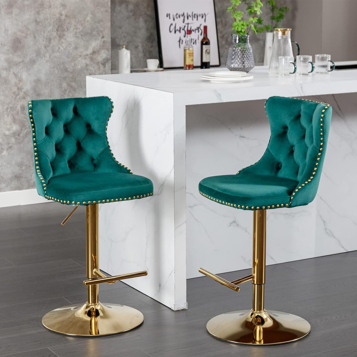 PacknWood Acosure Golden Swivel Velvet Bar Stools Adjusatble Seat Height from 25-33" with Backs Comfortable Tufted,Modern Upholstered Furniture Chairs W/for Home Pub Kitchen,Green,Set of 2