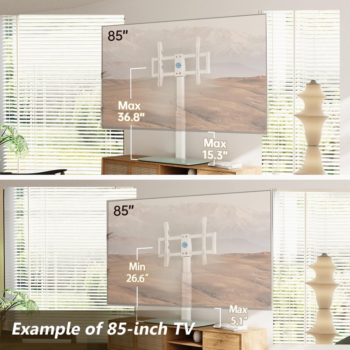 FITUEYES Universal TV Stand, Swivel TV Table Stand for 43 50-65 70 75 80 85Inch Flat Screen, Table Top TV Stand Base Replacement, Height Adjustable TV Mount Stand, Glass Base, Max Holds 110lbs