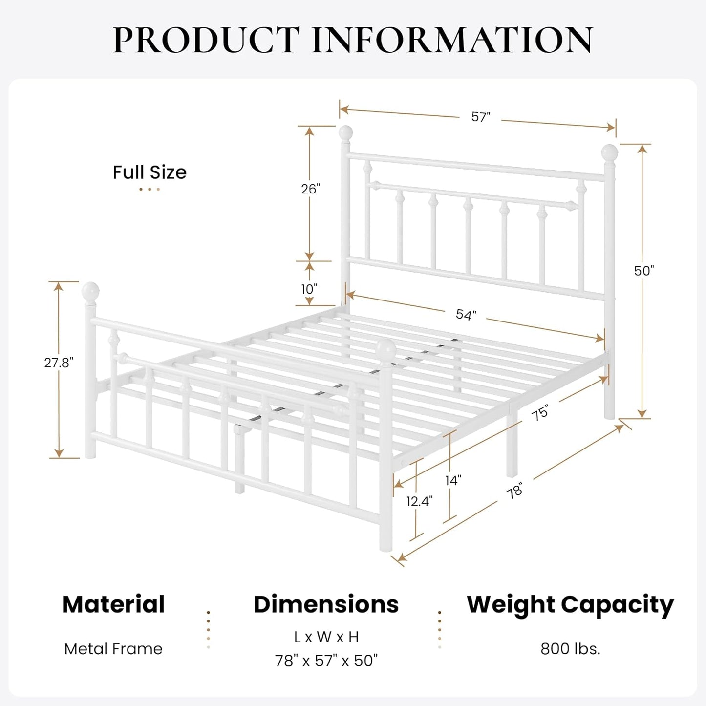 SHA CERLIN 14'' Full Size Metal Platform Bed Frame/Victorian Headboard and Footboard/Steel Slats Mattress Foundation for Storage/No Box Spring Needed/Noise Free/White