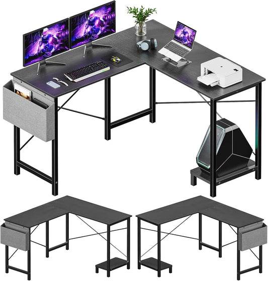 Sweetcrispy L Shaped Computer Desk - Corner Gaming PC Table with CPU Stand Side Bag for Home Office Dorm Sturdy Writing Studying Workstation Modern Simple Reversible, 50-Inch, Inky Black