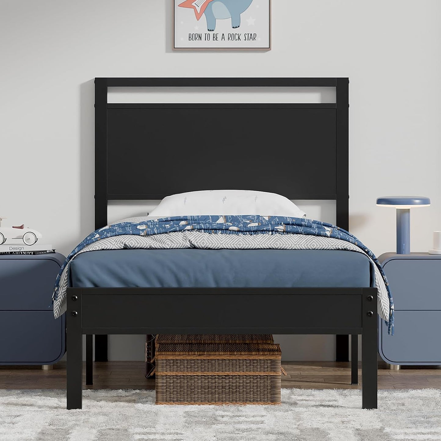 Z-hom Upgraded Twin Bed Frames, Heavy Duty Metal Sturdy Bed Frame Twin Size with Modern Wood Headboard & Footboard, Stable Platform Bed Furniture Bed Storage, No Noise, No Box Springs, Black