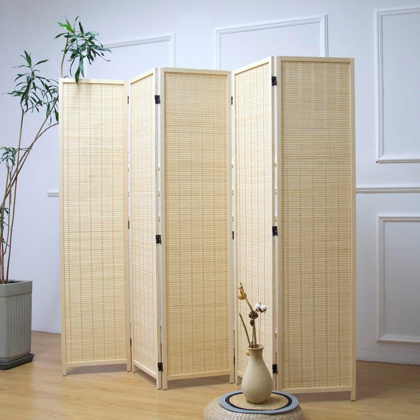 5 Panel Room Divider and Folding Panel Screen,Bamboo Panel Divider Screen for Room Separation,Beige,67" H x 76.75" W