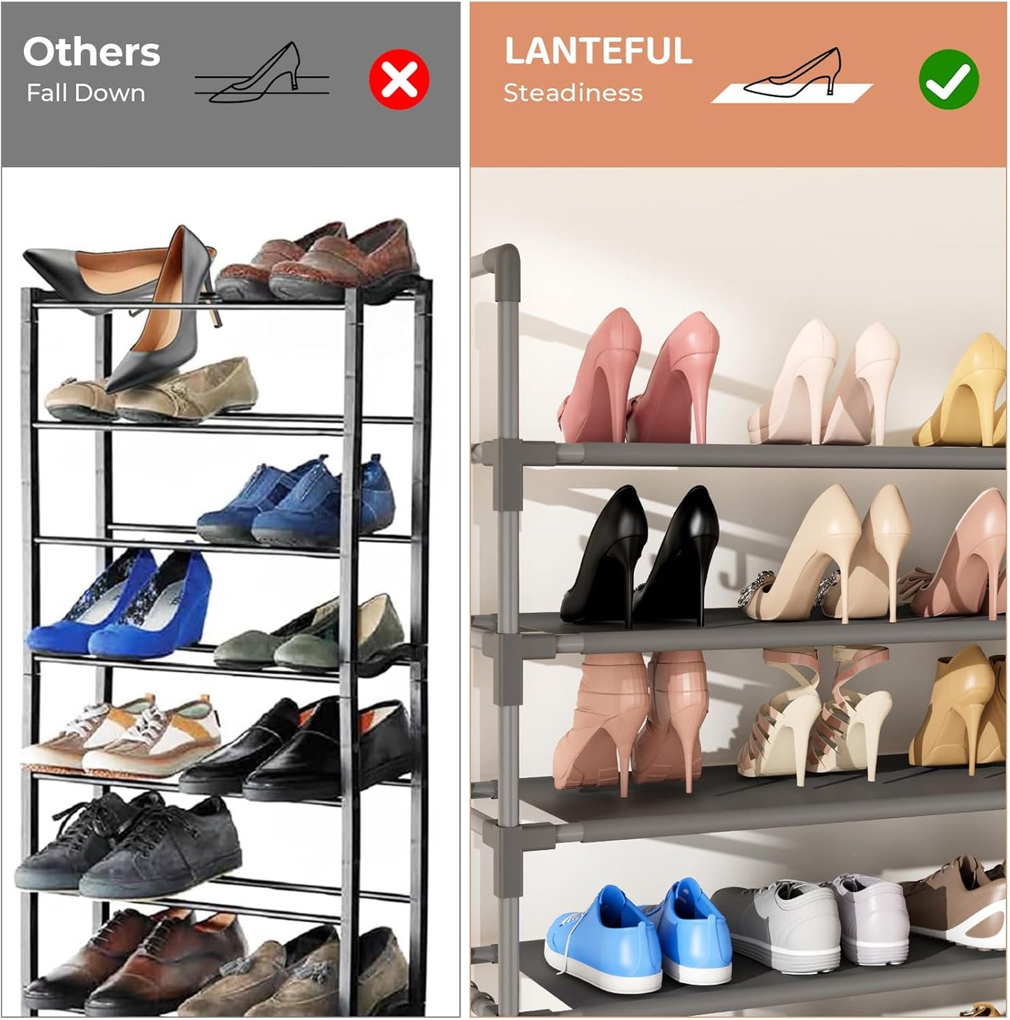 11 Tiers Tall Shoe Rack Holds 55 Pairs of Shoes with 18pcs Hooks Sturdy Wide Shoe Organizer Storage Free Standing Metal Shoe Shelf for Closet, Entryway Grey