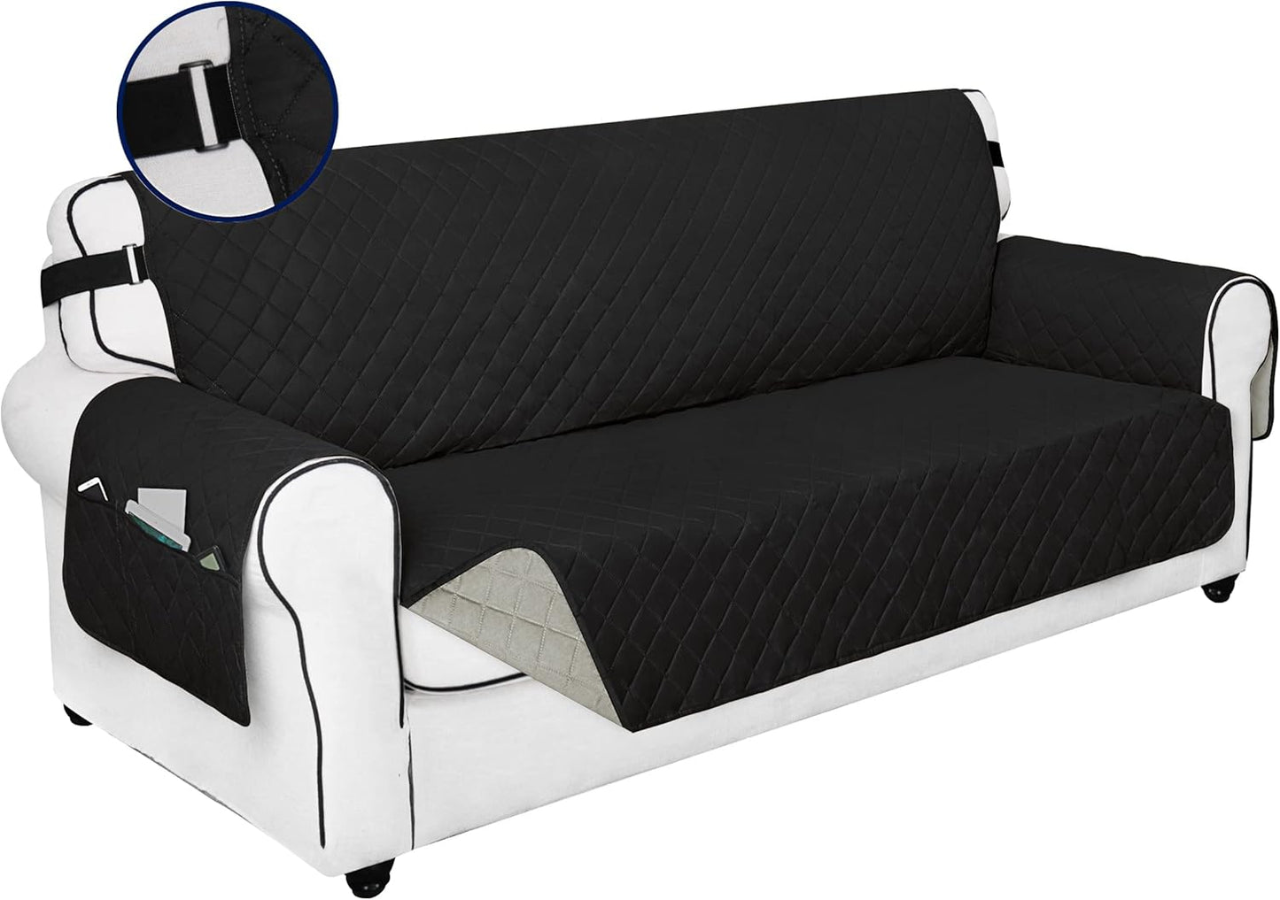 PureFit Reversible Sofa Couch Cover Water Resistant Couch Covers for 3 Cushion, Washable Furniture Cover with Non-Slip Foam and Adjustable Strap for Dogs, Pets (Sofa, Black/Beige)