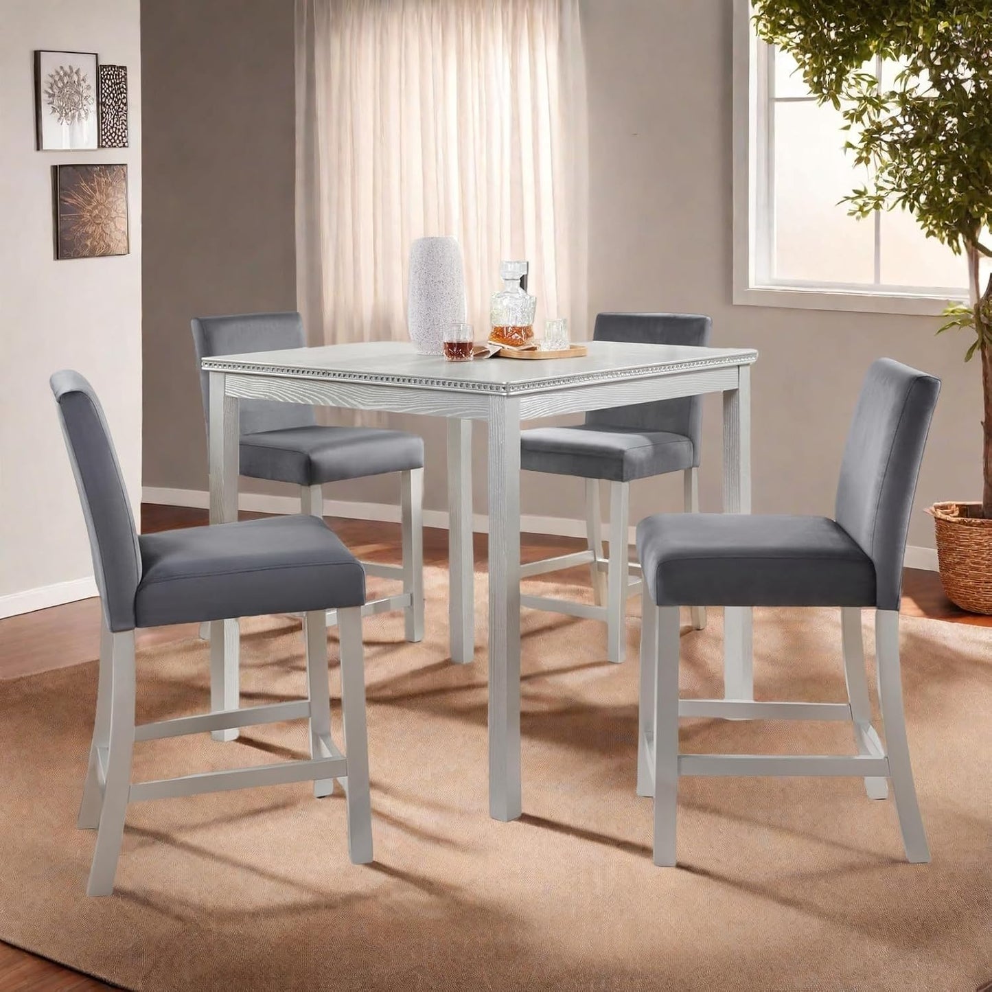 Dining Table Set for 4, 5-Piece Dining Room Table Set with Square Crystal Decoration Table & 4 Upholstered Backrest Chairs, Counter Height Kitchen Sets with Wood Grain & Footrest, Grey