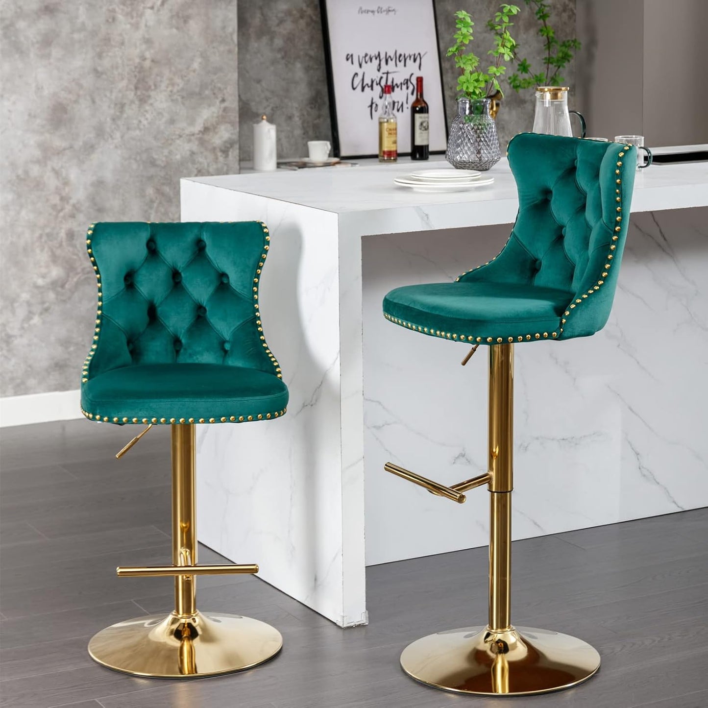 PacknWood Acosure Golden Swivel Velvet Bar Stools Adjusatble Seat Height from 25-33" with Backs Comfortable Tufted,Modern Upholstered Furniture Chairs W/for Home Pub Kitchen,Green,Set of 2