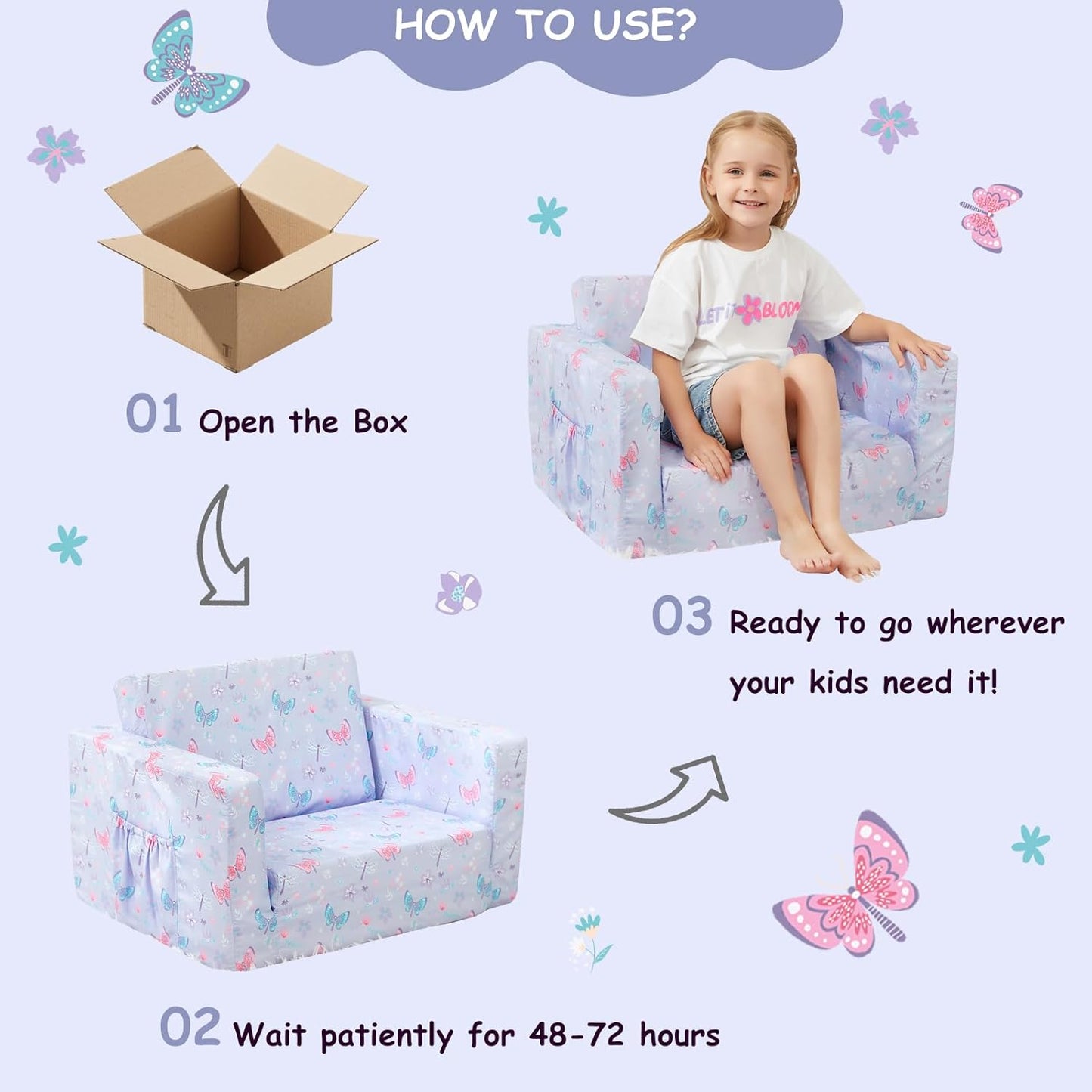 Viviland Kids Chairs for Toddler,2-in-1 Soft Toddler Couch Fold Out,Convertible Soft to Lounger Toddke Chair Comfy for Girls and Boys,Purple Butterfly