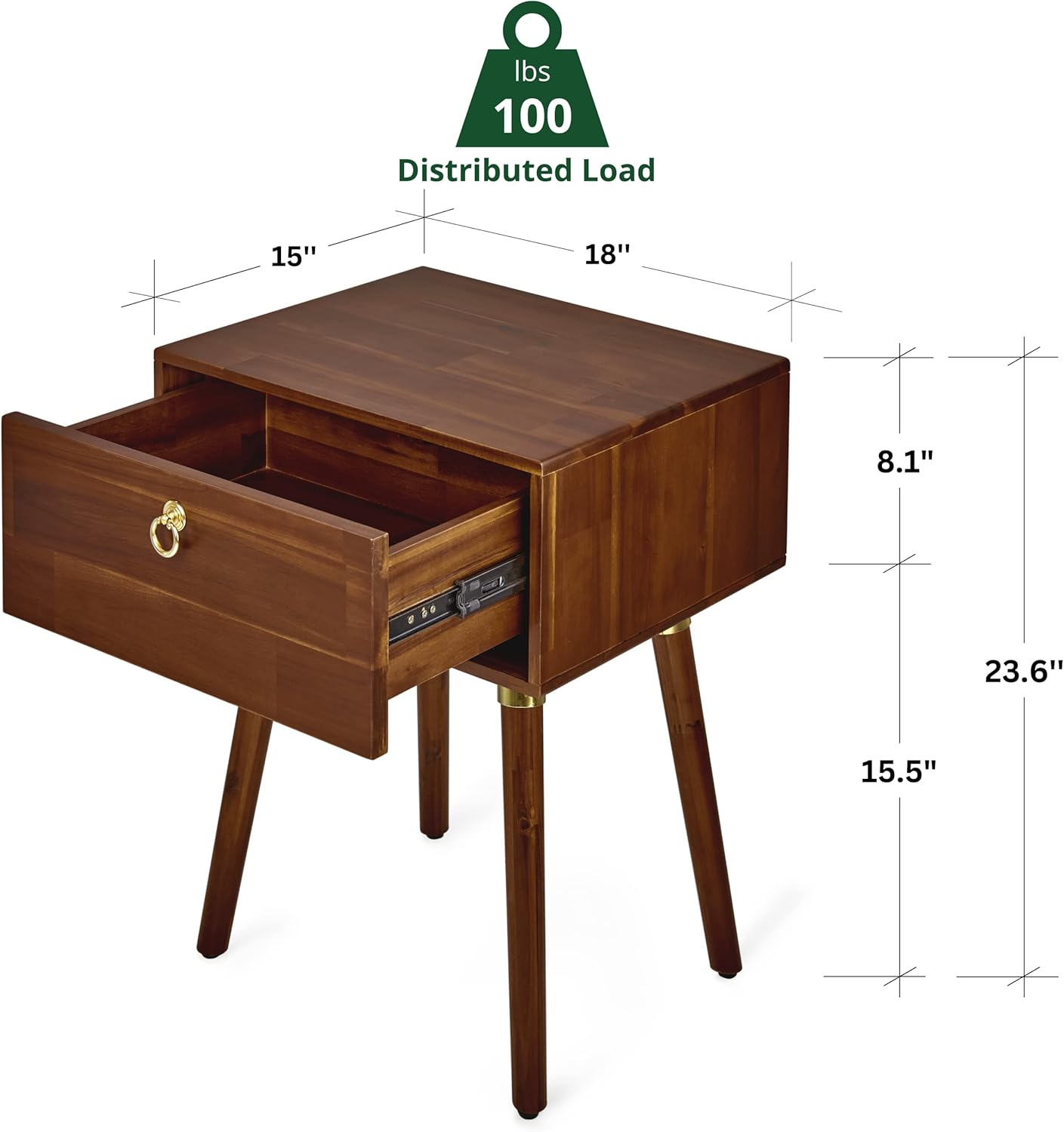 Bme Alden Solid Wood Nightstand/Side Table/End Table, Fully Assembled, with 1-Drawer for Mid Century Bedroom and Living Room, (12mm), Dark Chocolate