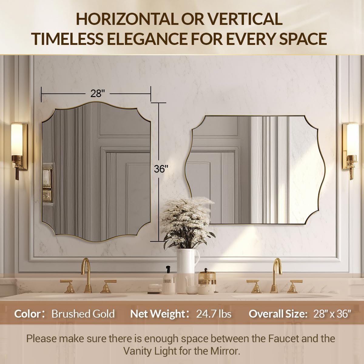 28x36 Inch Gold Scalloped Mirror, Bathroom Vanity Mirror with Stainless Steel Metal Frame, Anti-Rust, Shatterproof HD Glass, Unique Irregular Mirror for Bathroom, Bedroom, Living Room