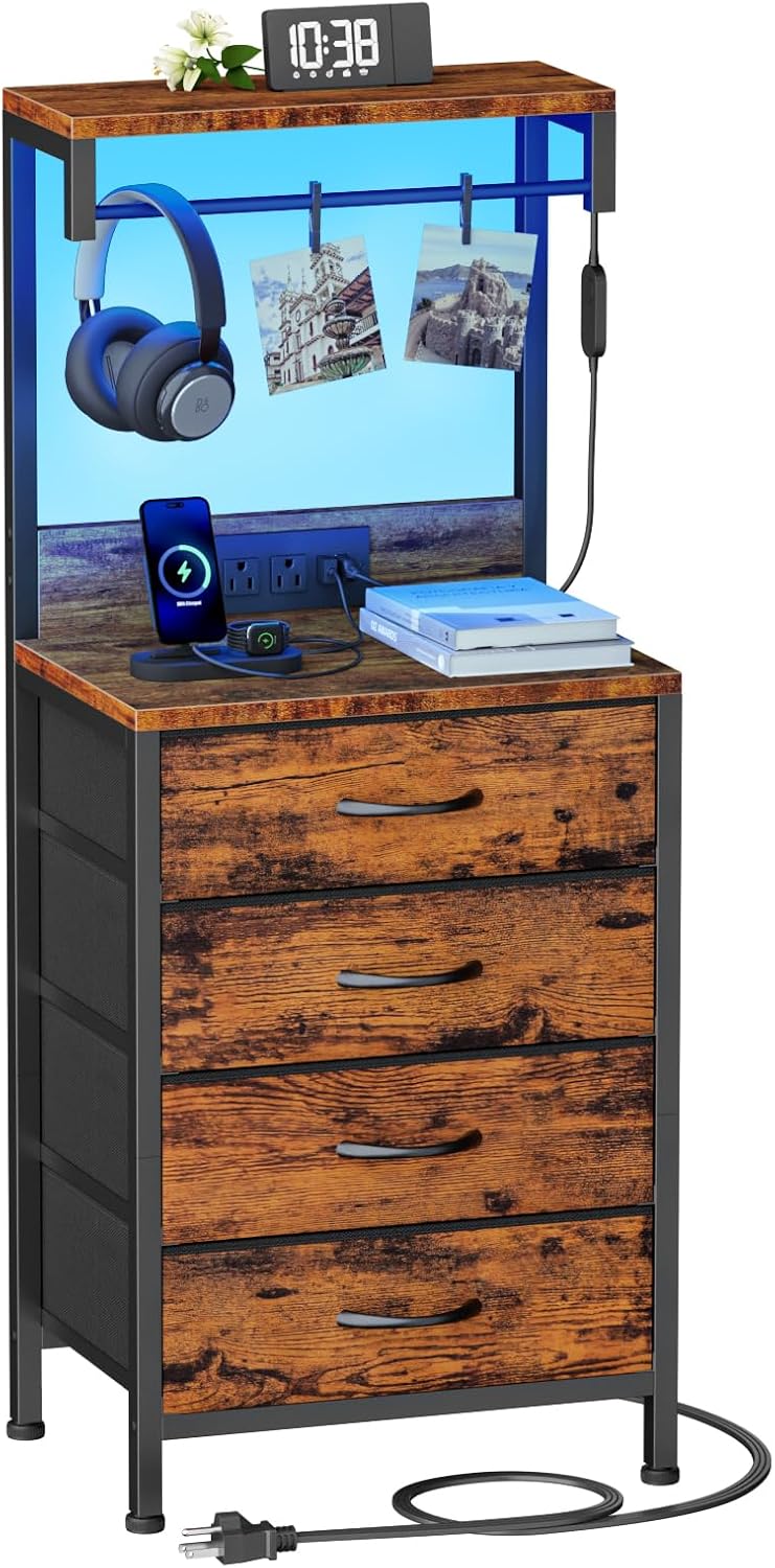 Furnulem Night Stand with Charger Station, 38'' Tall Nightstand with 4 Fabric Drawers and LED Lights, Bedside Table with Storage Shelf for Bedroom, Office, Metal Frame, Wood Shelves, Rustic Brown