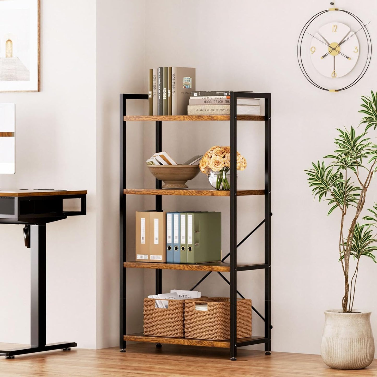 Casaottima Book Shelf, 4 Tier Bookshelf, Modern Wood Bookcase Shelves for Bedroom, Industrial Display Shelf for Living Room Home Office Kitchen, Standing Shelving Unit Storage Organizer, Vintage