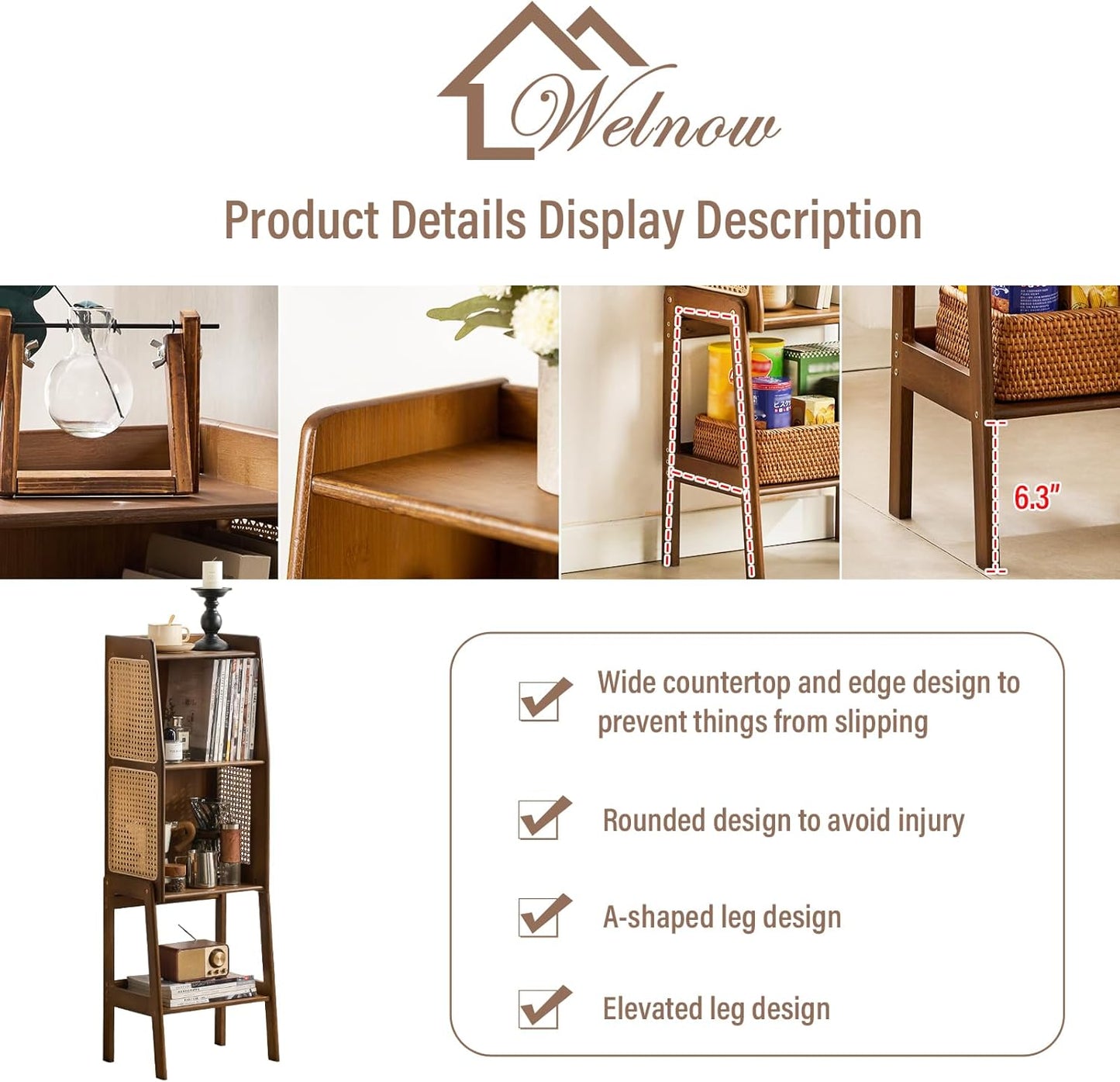 Welnow Bamboo Rattan Bookcase with Cabinet, 2-Tier Storage Shelf with Side Table & End Table Function, Large Modern Wood Organizer for Living Room or Bedroom, Walnut Bookshelf