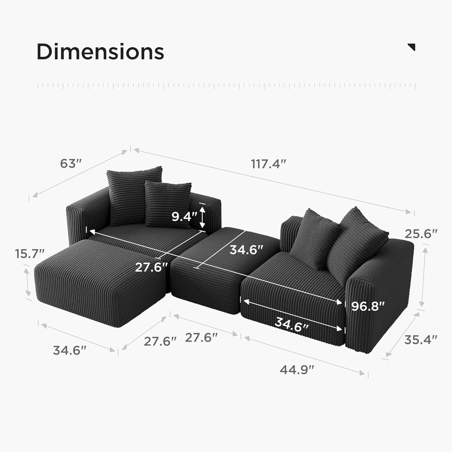 Acanva Corduroy Convertible Modular L Shaped Sectional Sofa, 4 Seater Free Combination Corner Couch, Convertible to DayBed, Wide Loveseat with Moveable Ottomans for Small Spaces, Sleeper Bed, Black