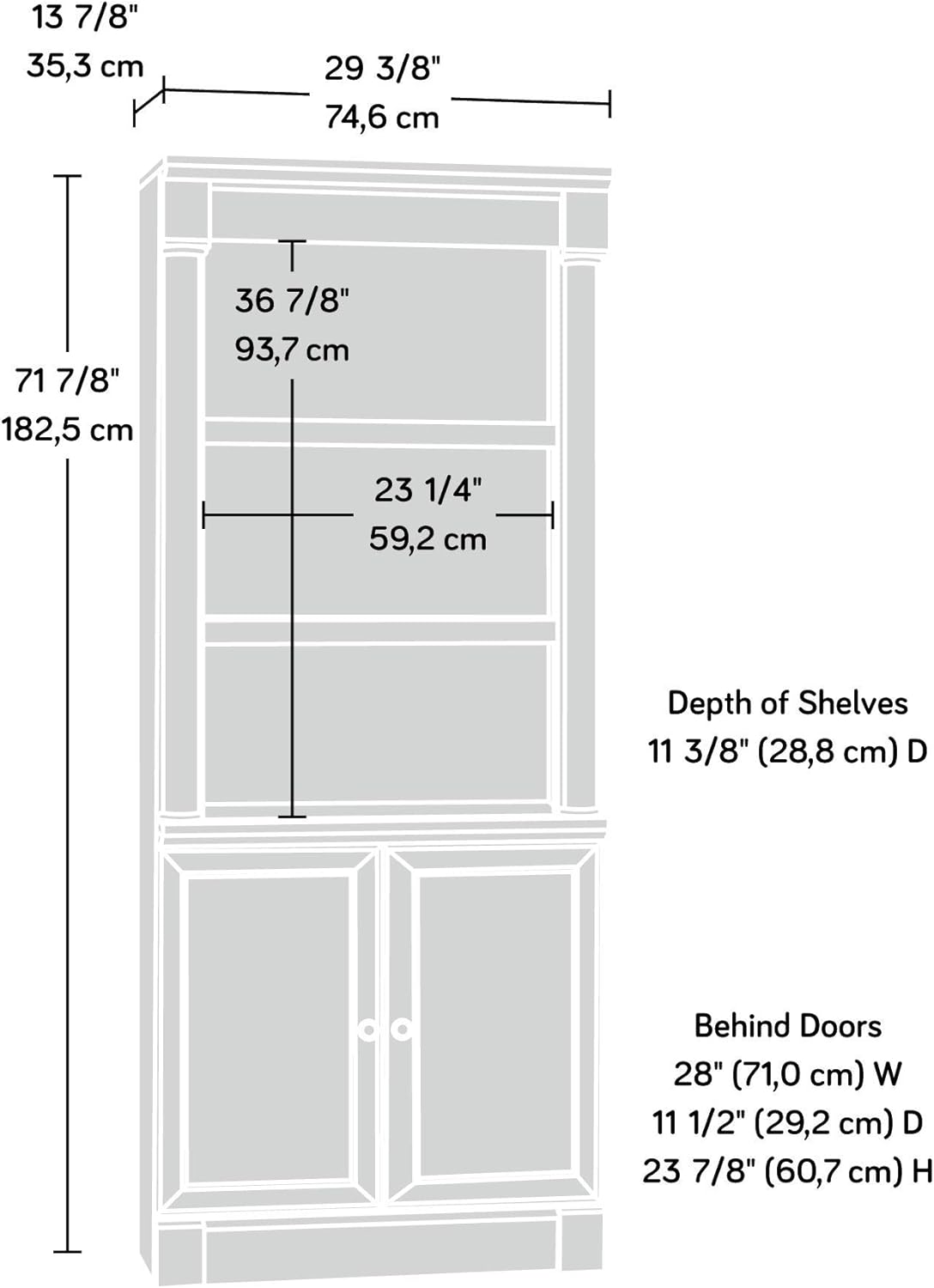 Sauder Palladia Library with Doors/Book Shelf, L: 29.37" x W: 13.90" x H: 71.85", Wind Oak