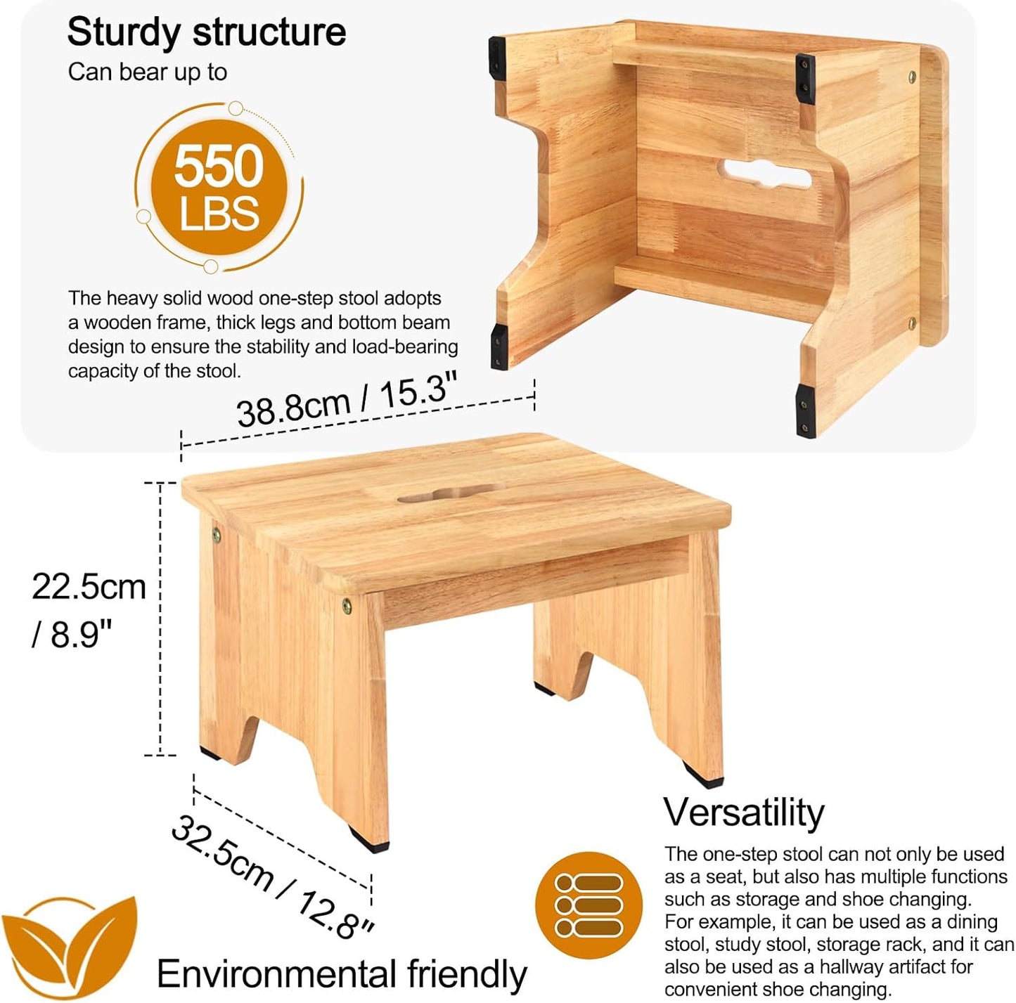 One Step Stool for Adults Seniors, 9" Heavy Duty Wooden Stepping Stools with 550 LBS Capacity for Bedroom Kitchen Bathroom, Bed Steps for High Beds, Bedside Support