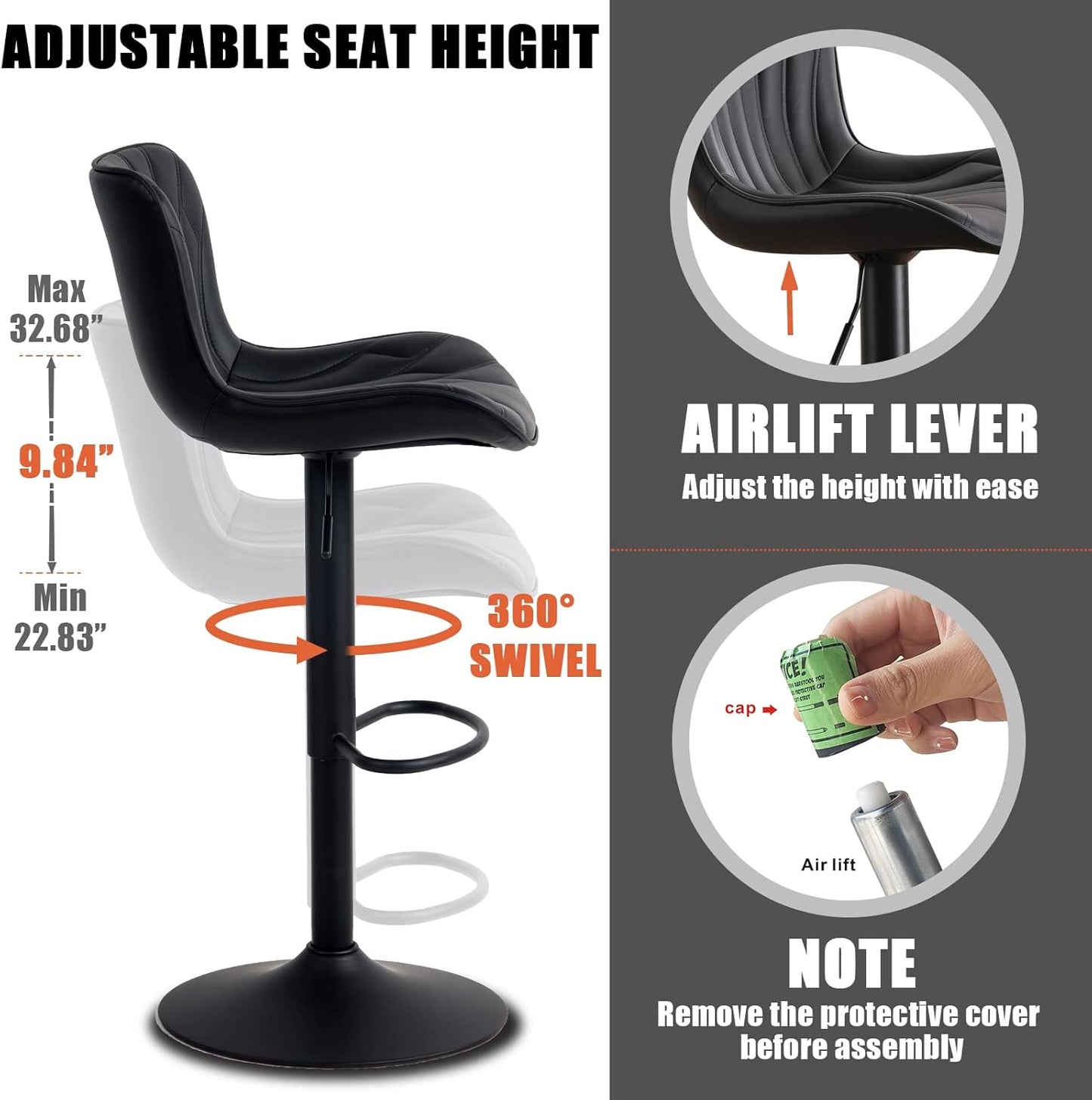 YOUNIKE Black Bar Stools Sset of 4 Modern Swivel Counter Height Bar Chair with Back Adjustable Kitchen Island Faux Leather Padded Barstools taburetes de bar Breakfast sillas para barra de cocina 4PCS