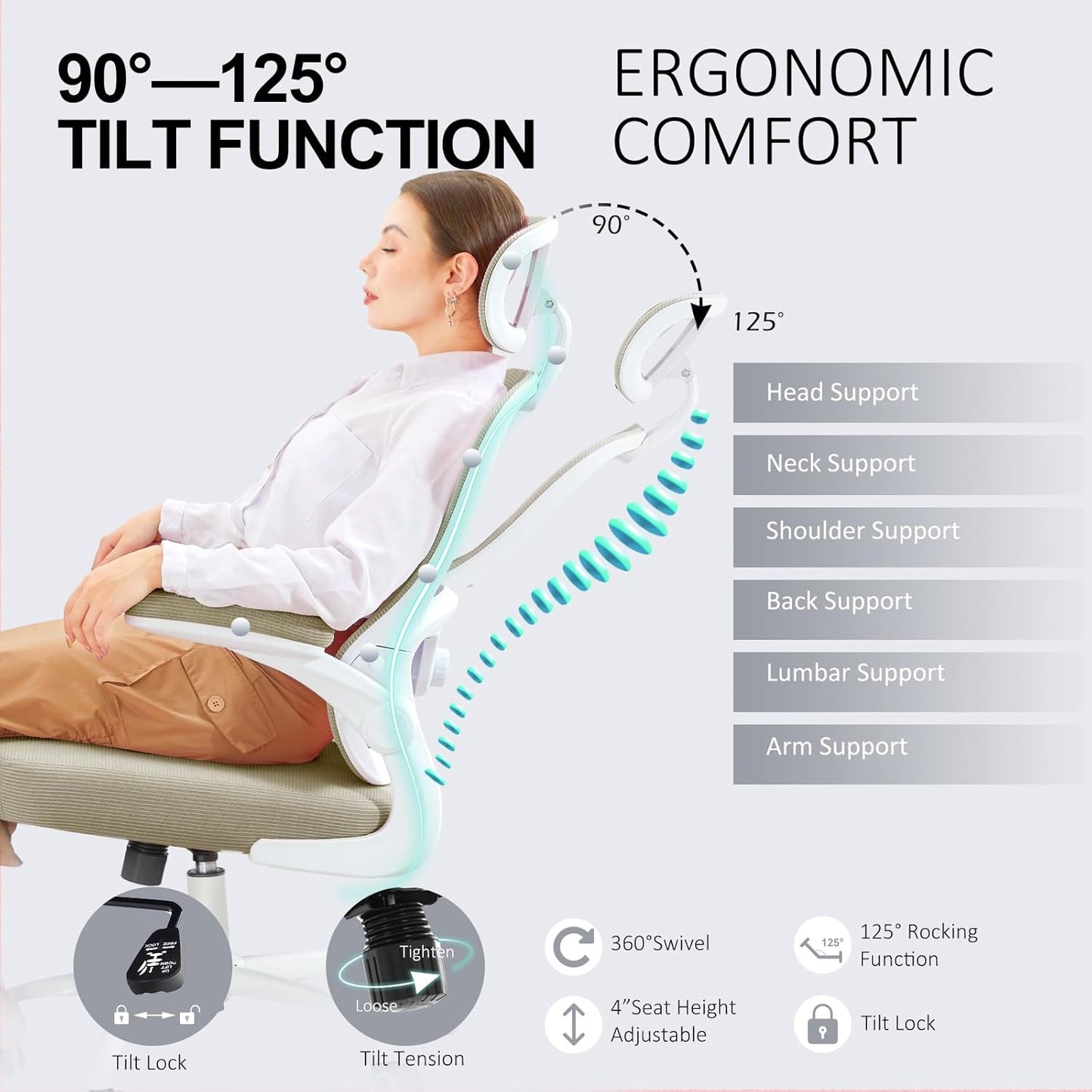 Ergonomic Office Chair,Ultra Thick Office Desk Chair with Adjustable Lumbar Support and Headrest,Spring Cushion,Rocking Function,Flip-up arms,Mesh Computer Chair for Home Office,Khaki