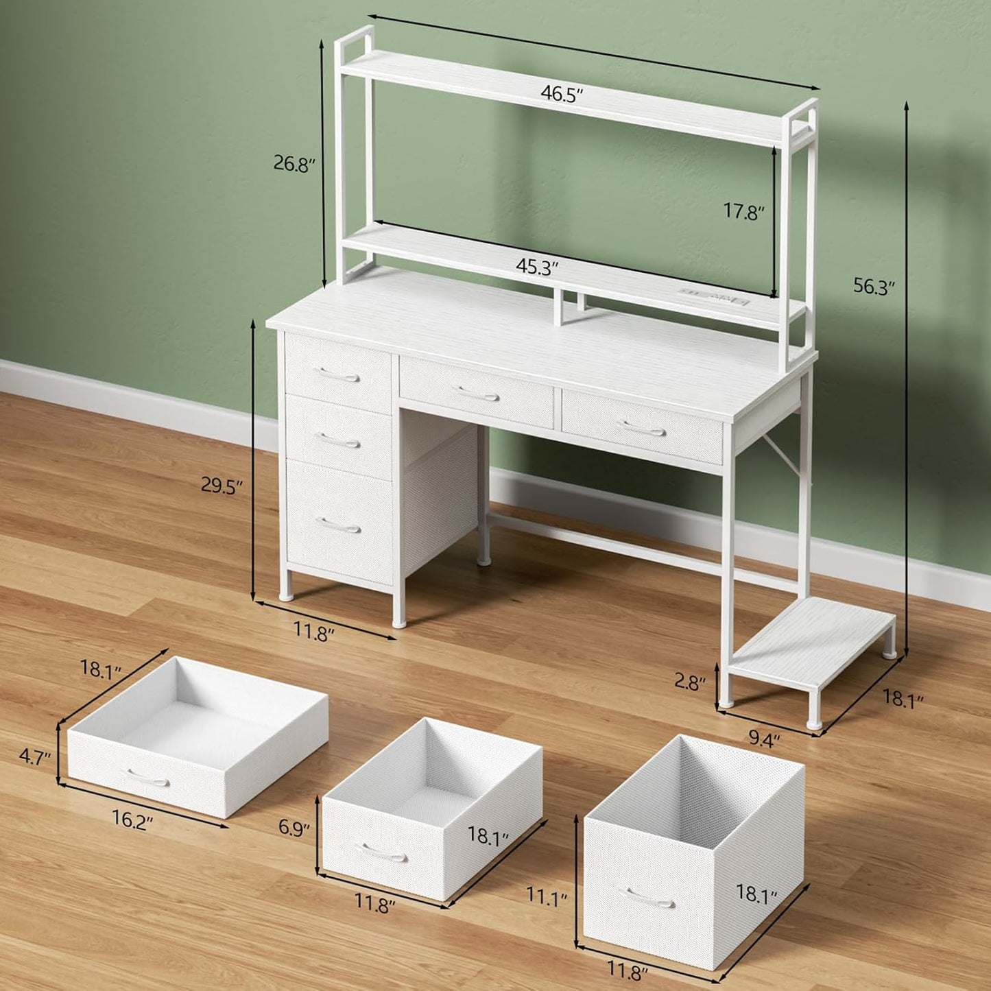 Computer Gaming Desk with Hutch, Home Office Desk with Power Outlets, LED Light, 5 Storage Drawers, 2 Tiers Shelves for Display, 47 Inch Modern Study Writing Table for Bedroom, White