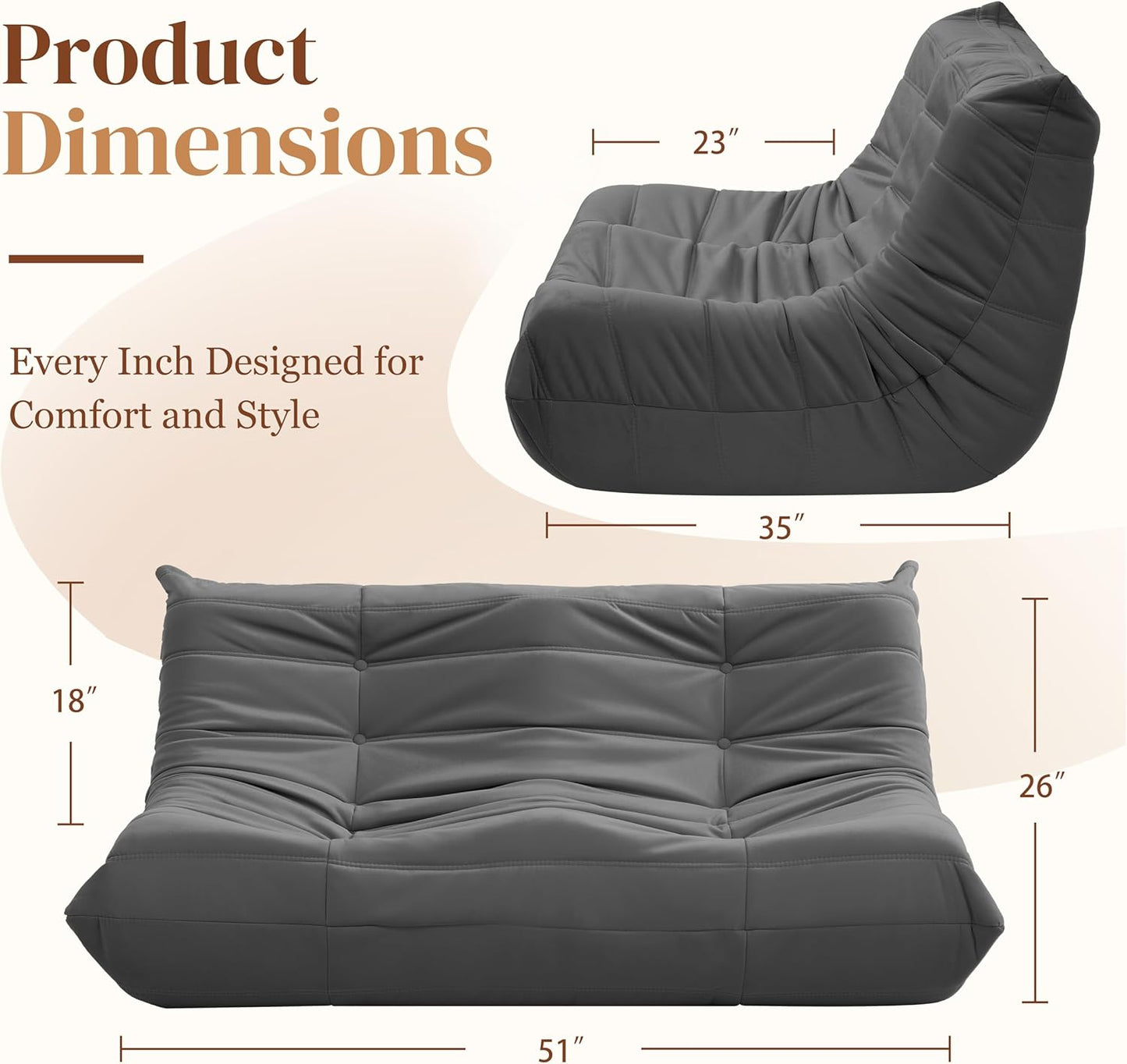 Bean Bag Chair, Loveseat Fireside Chair Bean Bag Sofa for Adults, 2 Seater Bean Bag Chairs for Teens with High-Resilience Foam, Memory Foam Bean Bag for Living Room, Bedroom, Office (Suede, Dark Gray)