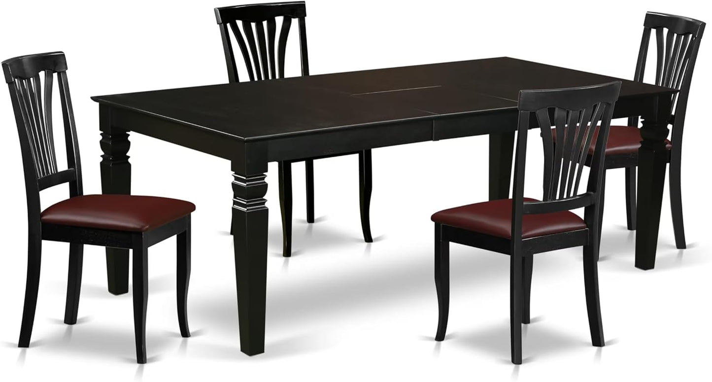 East West Furniture LGAV5-BLK-LC 5 Piece Dinette Set Includes a Rectangle Dining Room Table with Butterfly Leaf and 4 Faux Leather Upholstered Dining Chairs, 42x84 Inch, Black