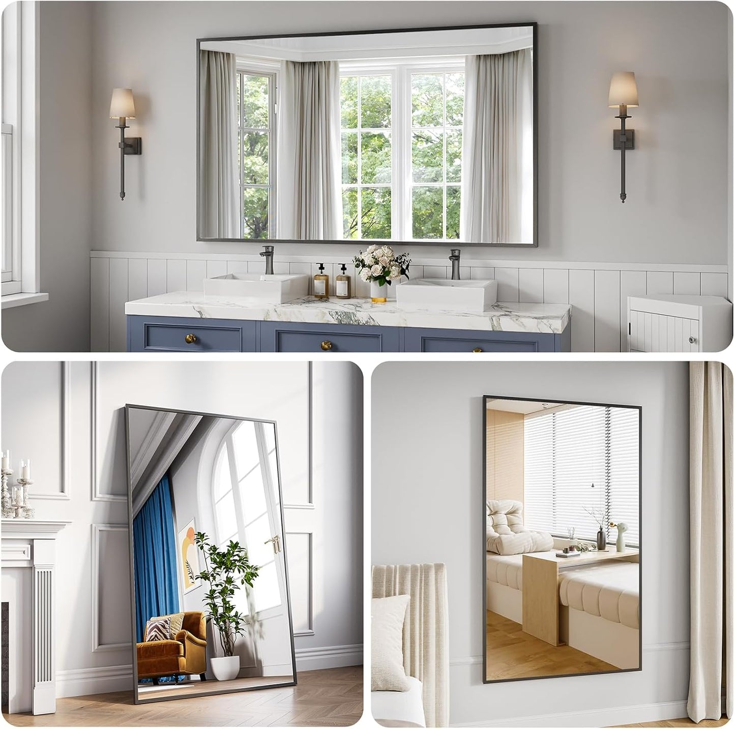 Bathroom Mirror 36x60 Black Bathroom Wall-Mounted Mirrors, Modern Vanity Mirror for Bedroom, Living Room, Aluminum Alloy Frame Allow to Hang Horizontally or Vertically