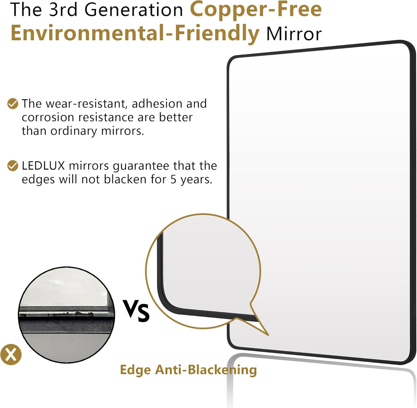 36"x48" Bathroom Wall Mirror with Matte Black Metal Frame & HD Glass, Copper-Free Mirrors Modern Rectangle Round Corner Framed Vanity Mirror - Horizontal or Vertical Installation