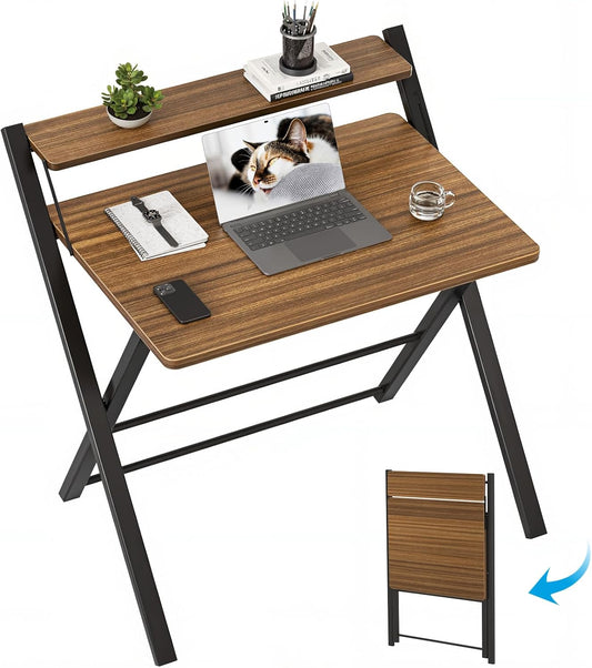 GreenForest No Assembly Folding Desk, 2-Tier Compact Computer Desk with Shelf, 30 inch Space Saving Foldable Table for Home Office, Dorm or Apartment, Portable Collapsible Sturdy Laptop Desk, Espresso