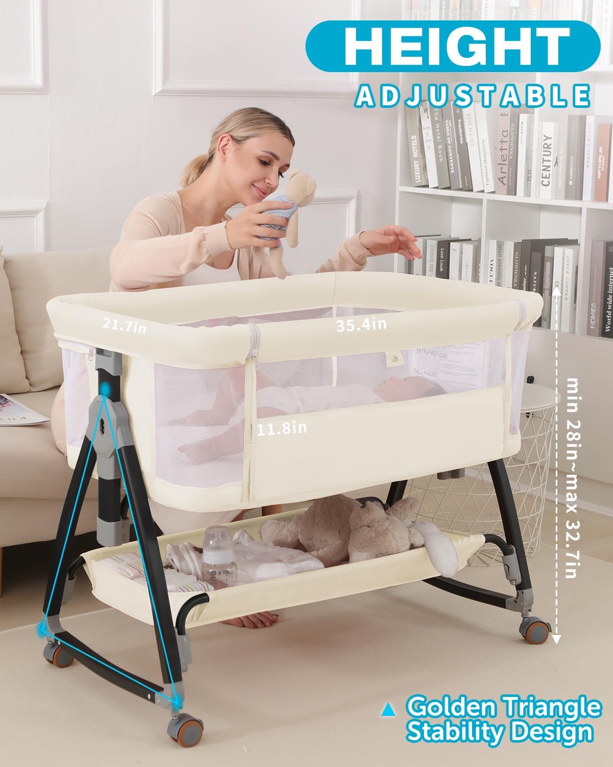 3 in 1 Baby Bassine Crib with Breathable Mesh, Bassinet Bedside Sleeper with Wheels, Mosquito Net, Storage Basket, 6 Height Adjustable, Easy to Fold, Rocking Bassinet for Baby