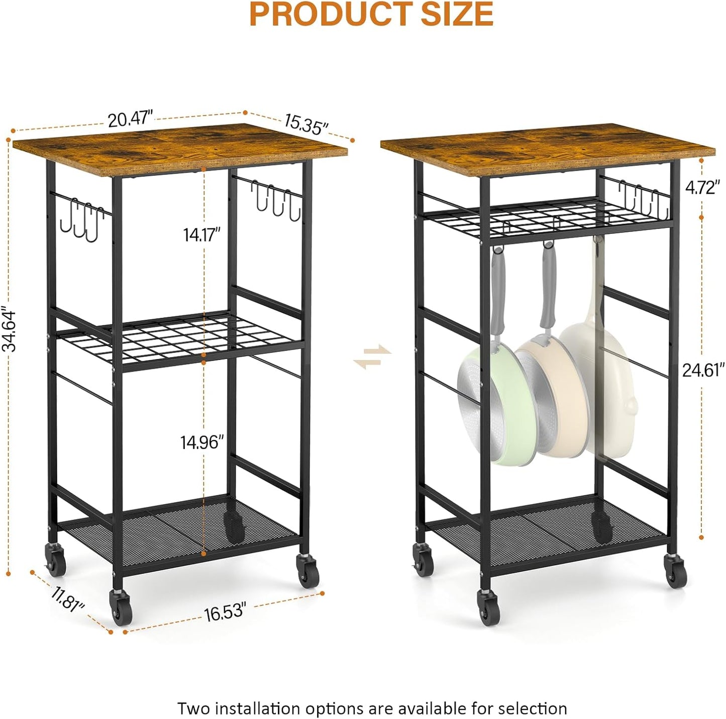 Rolling Kitchen Microwave Cart, 3 Tier Microwave Table Stand with Adjustable Shelf, Kitchen Storage Rack on Wheels, Coffee Station Cart Rack Shelf Organizer for Living Room Office, Balcony