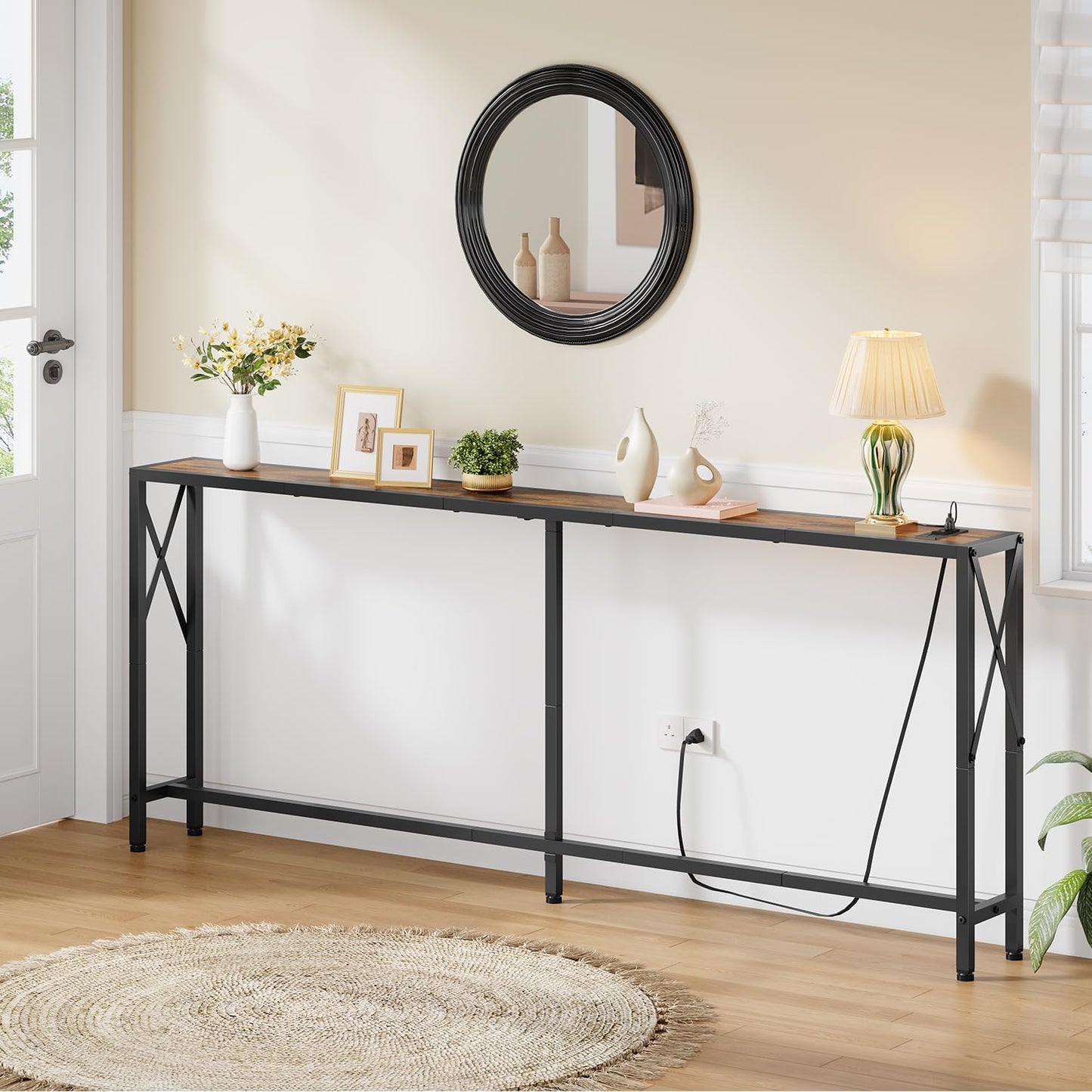 70 in Skinny Sofa Table Behind Couch, Console Table with Oulets & USB Ports for Hallway, Entryway,Living Room, Bedroom, Rustic Brown