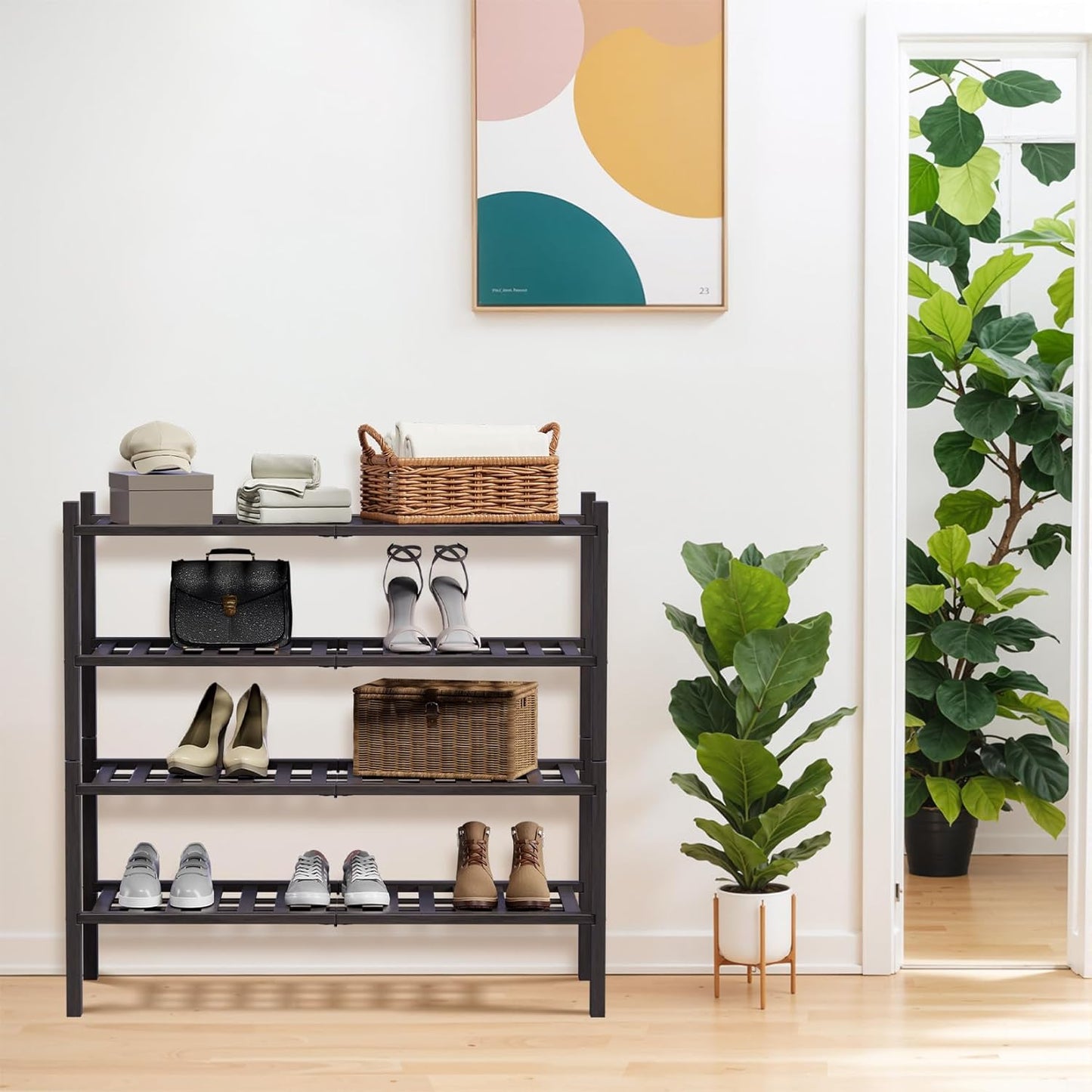 Haddockway 4 Tier Bamboo Shoe Rack Storage Organizer, Multifunctional Free Standing Stackable Shoe Shelf with Grid Panel for Closet,Hallway,Entryway,Small Space 27"x11"x26"(Brown, 4 Tier)