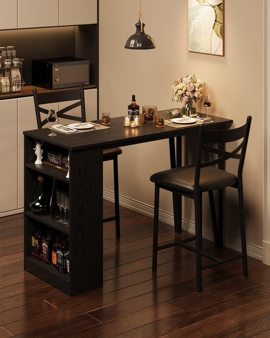 Garvee Bar Table and Chairs Set, 3 Piece Bar Table Set with with Flip Top Extension and Storage Shelves, Dining Table Set for 2, Suitable for Small Space Kitchen Apartment, Black