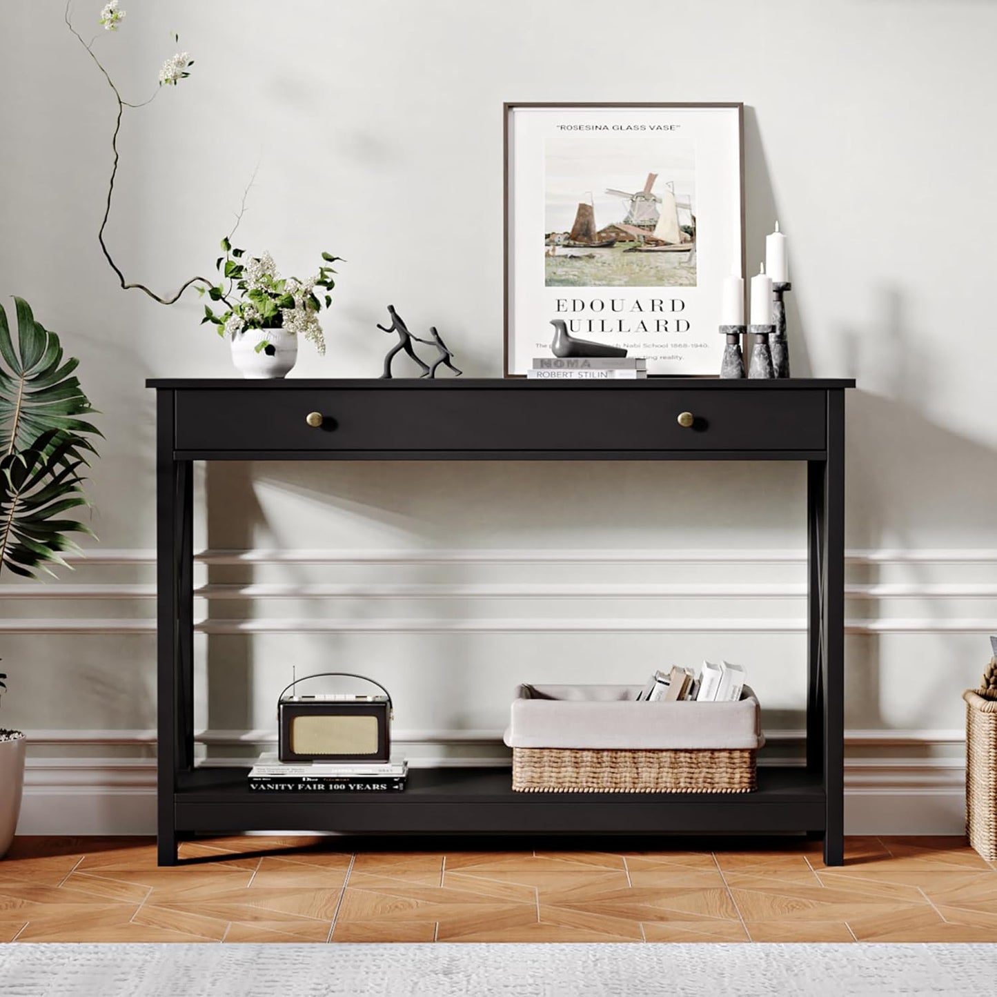 Treocho Black Console Table with Drawer and Storage Shelves, Foyer Sofa Table Narrow for Entryway, Living Room, Hallway