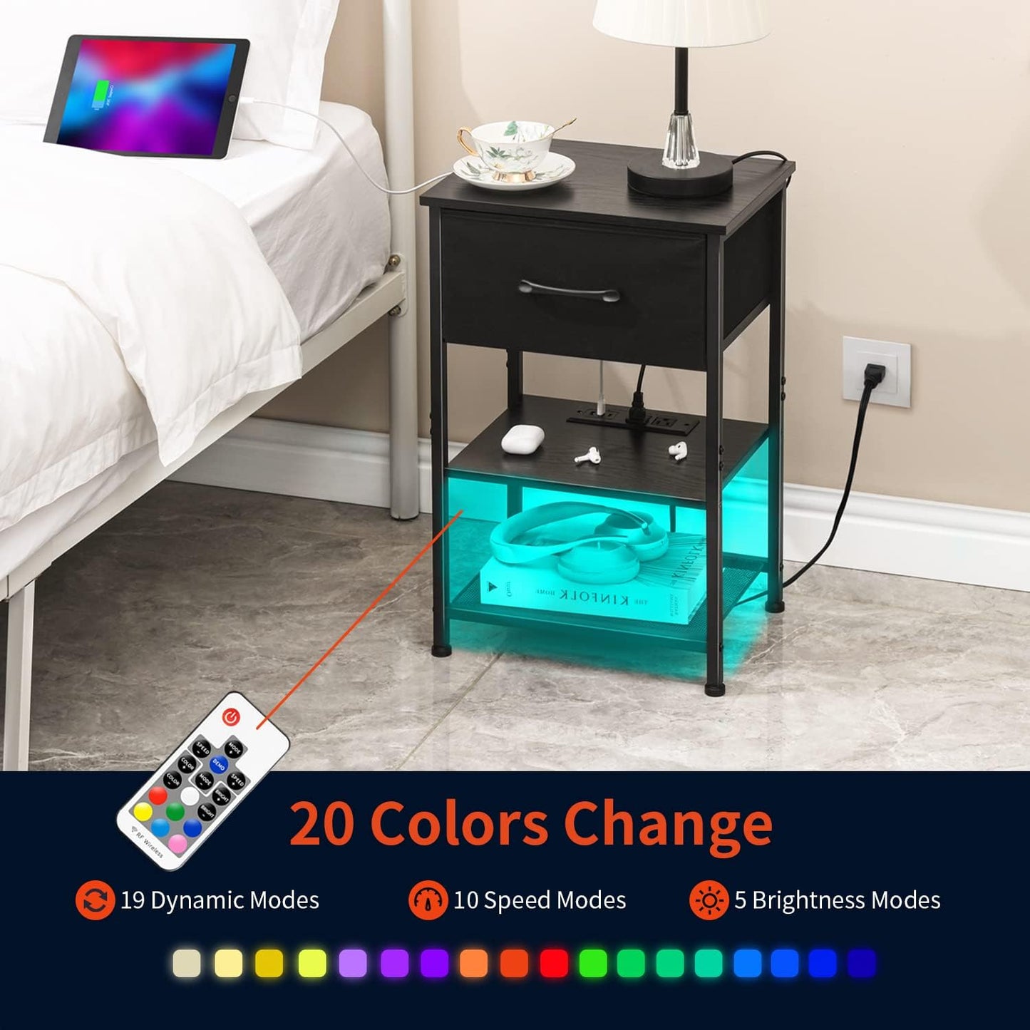 Nightstands Set of 2 with Charging Station and Drawer, End Table Side Table with 20 Colors LED Light Strip and 2 Layers Shelf for Bedroom Living Room Sofa (Black)