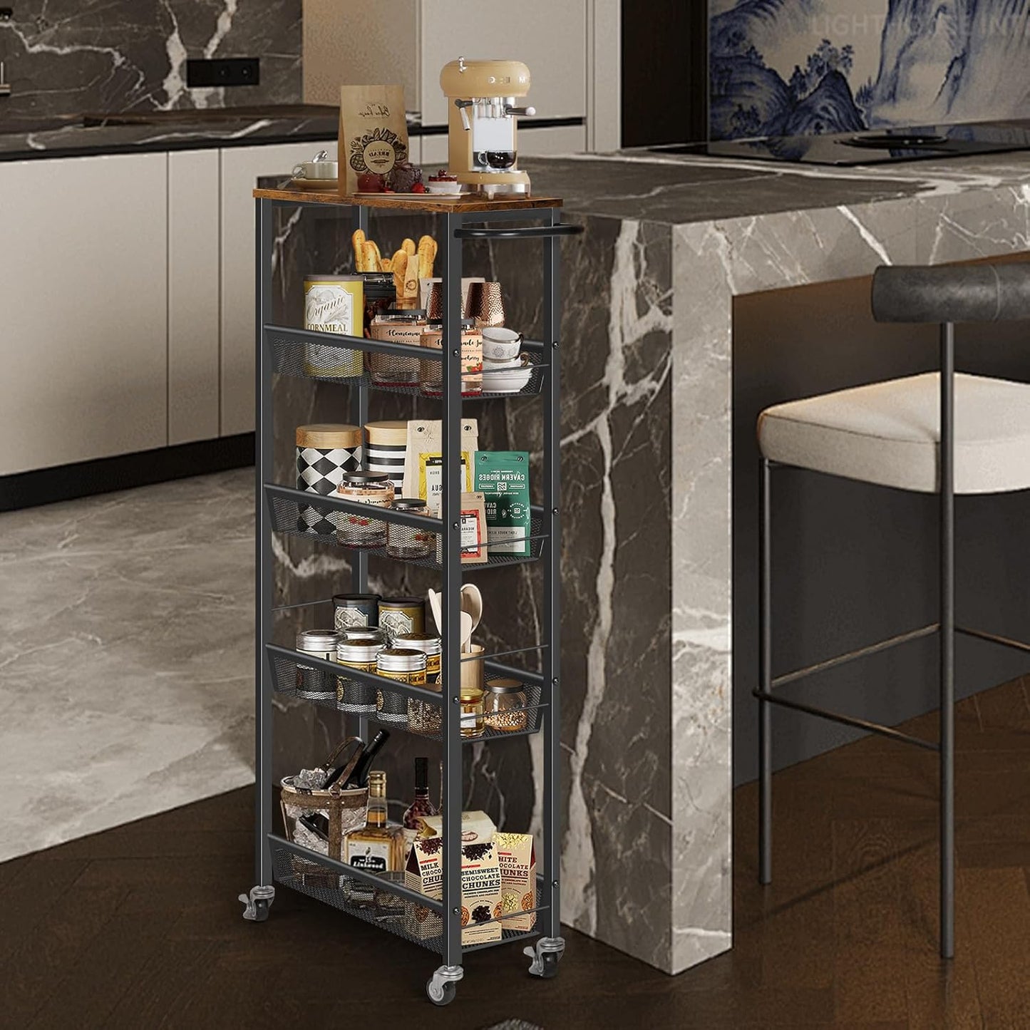 MOOACE Slim Storage Cart, 5 Tier Kitchen Rolling Carts with Wheels, Metal Narrow Cart Utility Cart Mobile Shelving Unit for Bathroom Organizer Kitchen Office Laundry Room, Brown