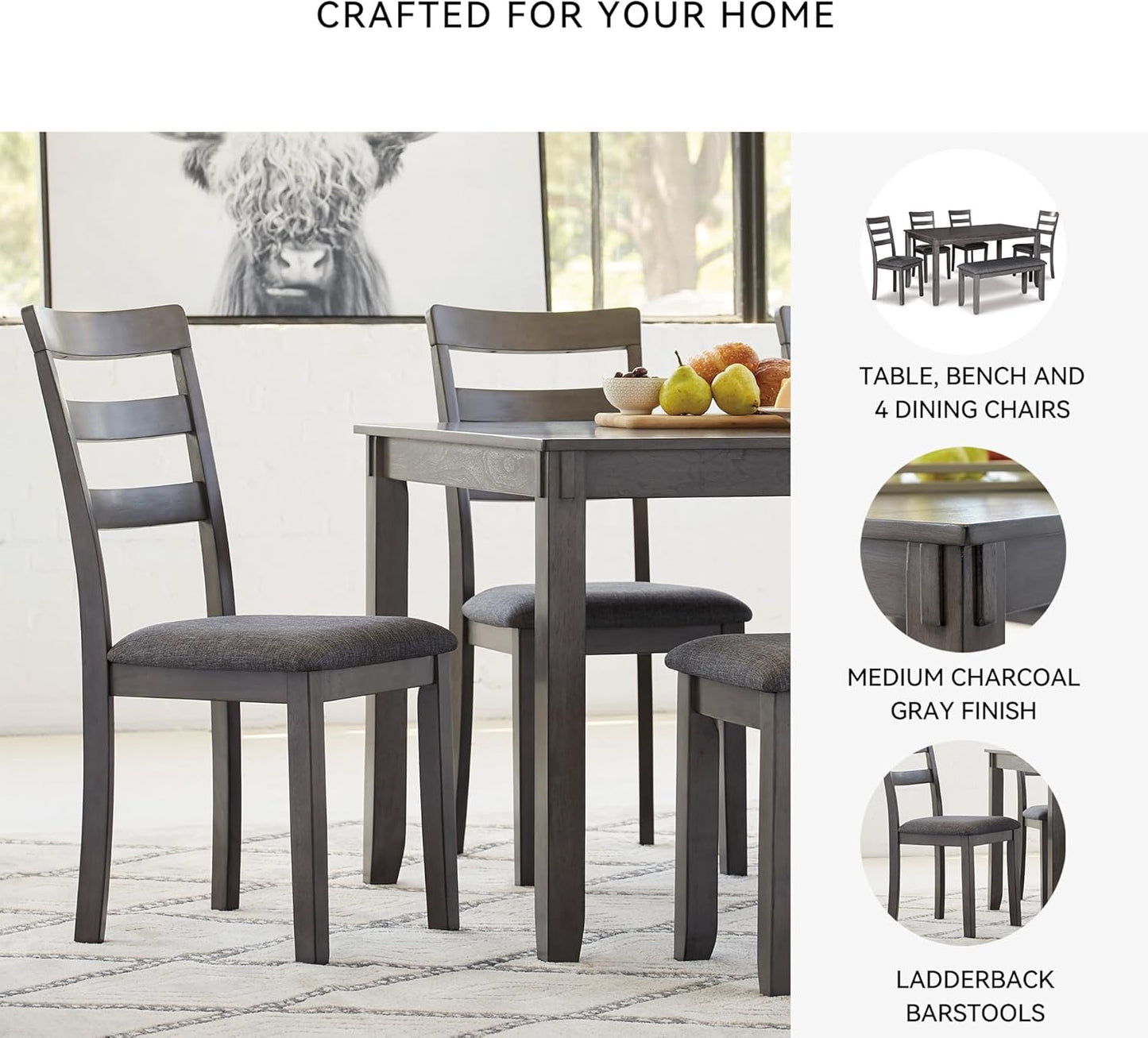 Signature Design by Ashley Bridson Modern 6 Piece Dining Set, Includes Dining Table, 4 Chairs & Bench, Gray