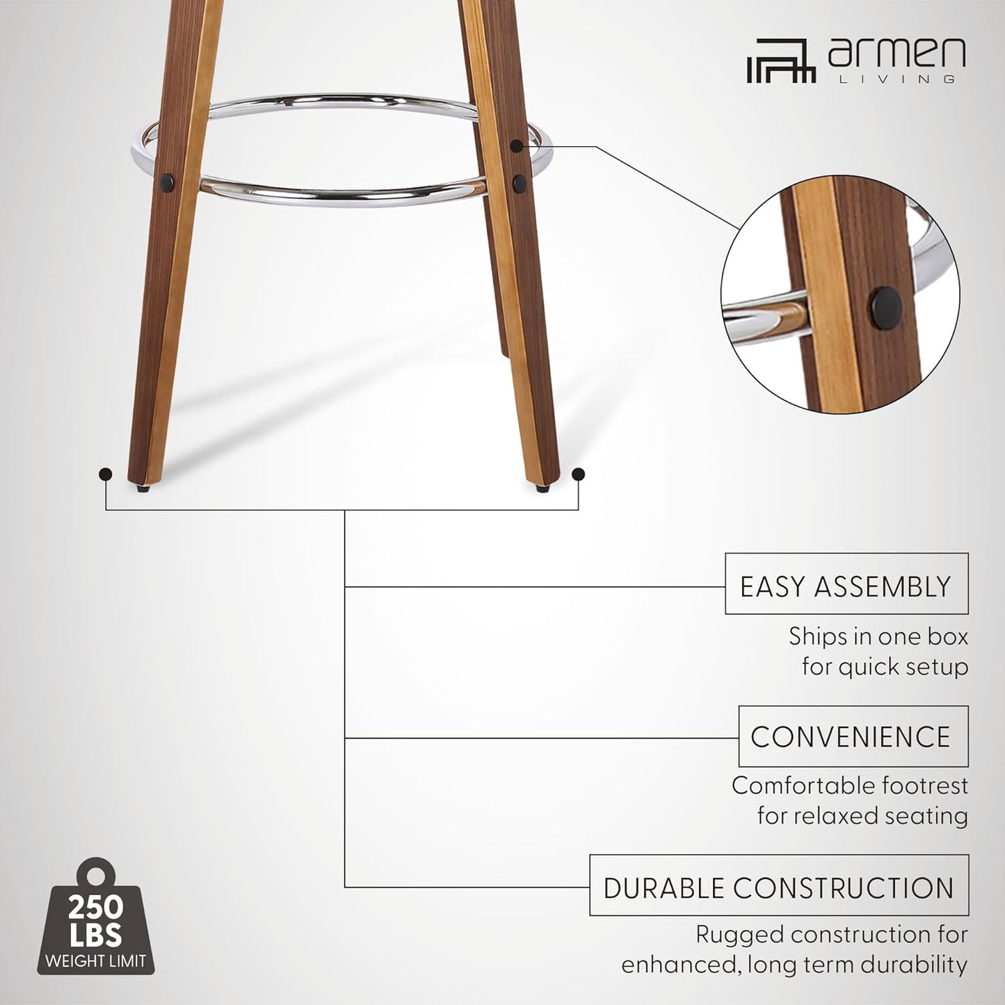 Armen Living Shelly 26" Counter Height Swivel Brown Faux Leather and Walnut Wood Bar Stool - Set of 3