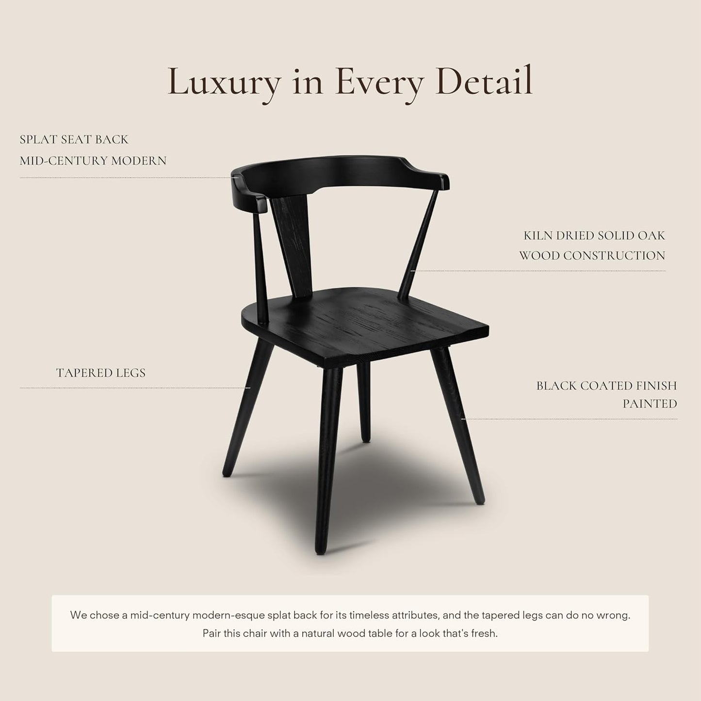 POLY & BARK Mid Century Modern Enzo Black Dining Chair – Solid Oak Wood Splat Back Chair, 18" Seat Height, 32" Tall – Stylish MCM Kitchen & Dining Room Chair