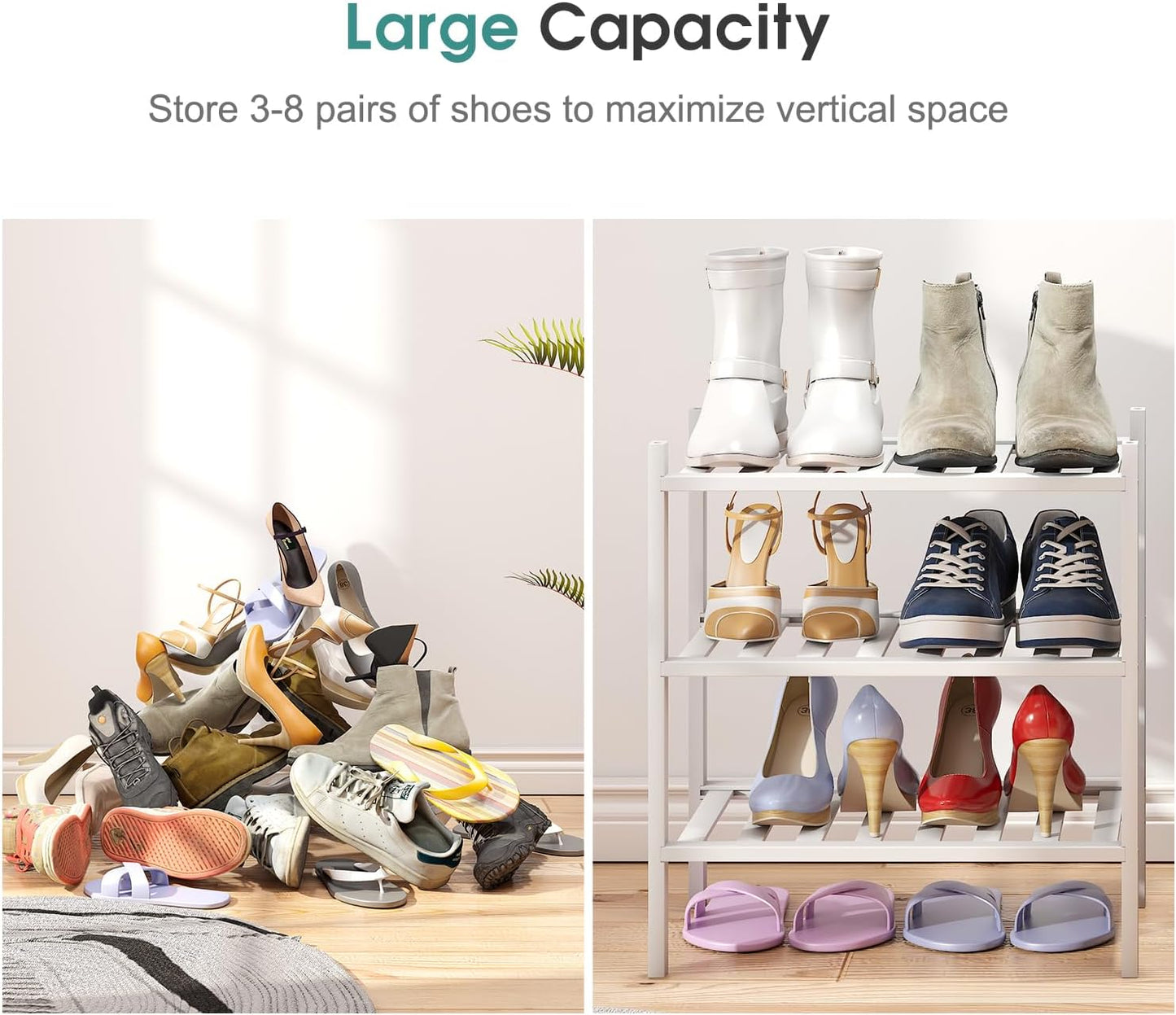 Small Shoe Rack for Entryway, White Shoe Organizer for Closet, Bamboo Wood Standing Shoe Shelf for Indoor Outdoor (White, 3-Tier_Samll)