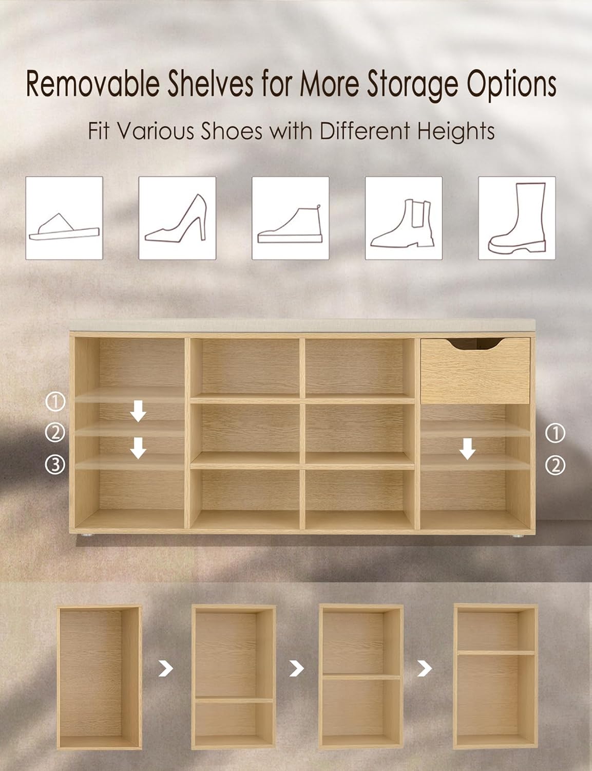 DINZI LVJ Shoe Storage Bench with Cushion, 11- Cubby Entryway Bench with Drawer and Adjustable Shelves, 40.9" Long Cubby Shoe Rack for Living Room, Bedroom, Mudroom, Natural and Cappuccino Beige