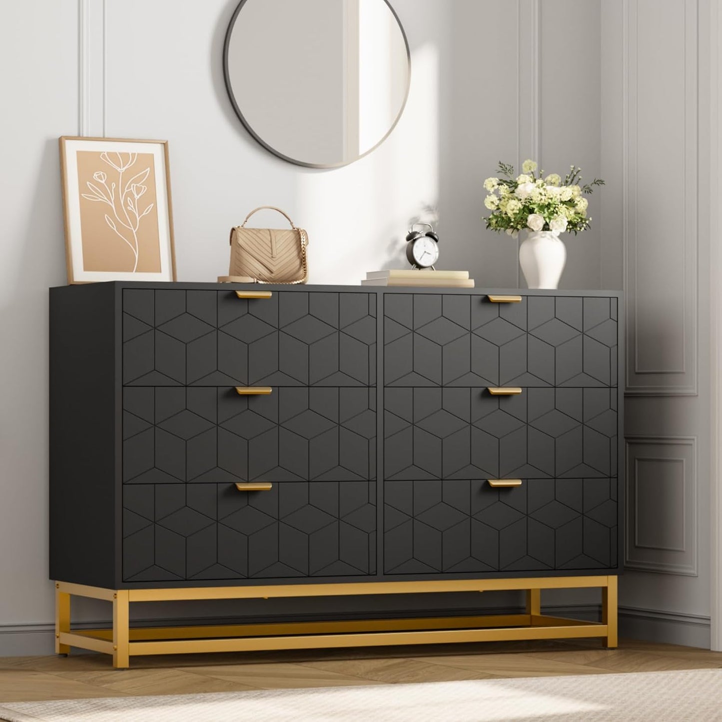 GAOMON Black Dresser for Bedroom,Modern 6 Drawer Double Dresser with Gold Handles,Long Storage Organizer for TV Stand & Closet,Large Chest of Drawers for Living Room,Hallway,Entryway