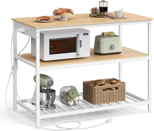 VASAGLE Kitchen Island with 3 Shelves, 47.2 Inches Width Kitchen Shelf with Power Strip, Large Worktop, Stable Steel Structure, Industrial, Easy to Assemble, Golden Oak and White UKKI101Y01