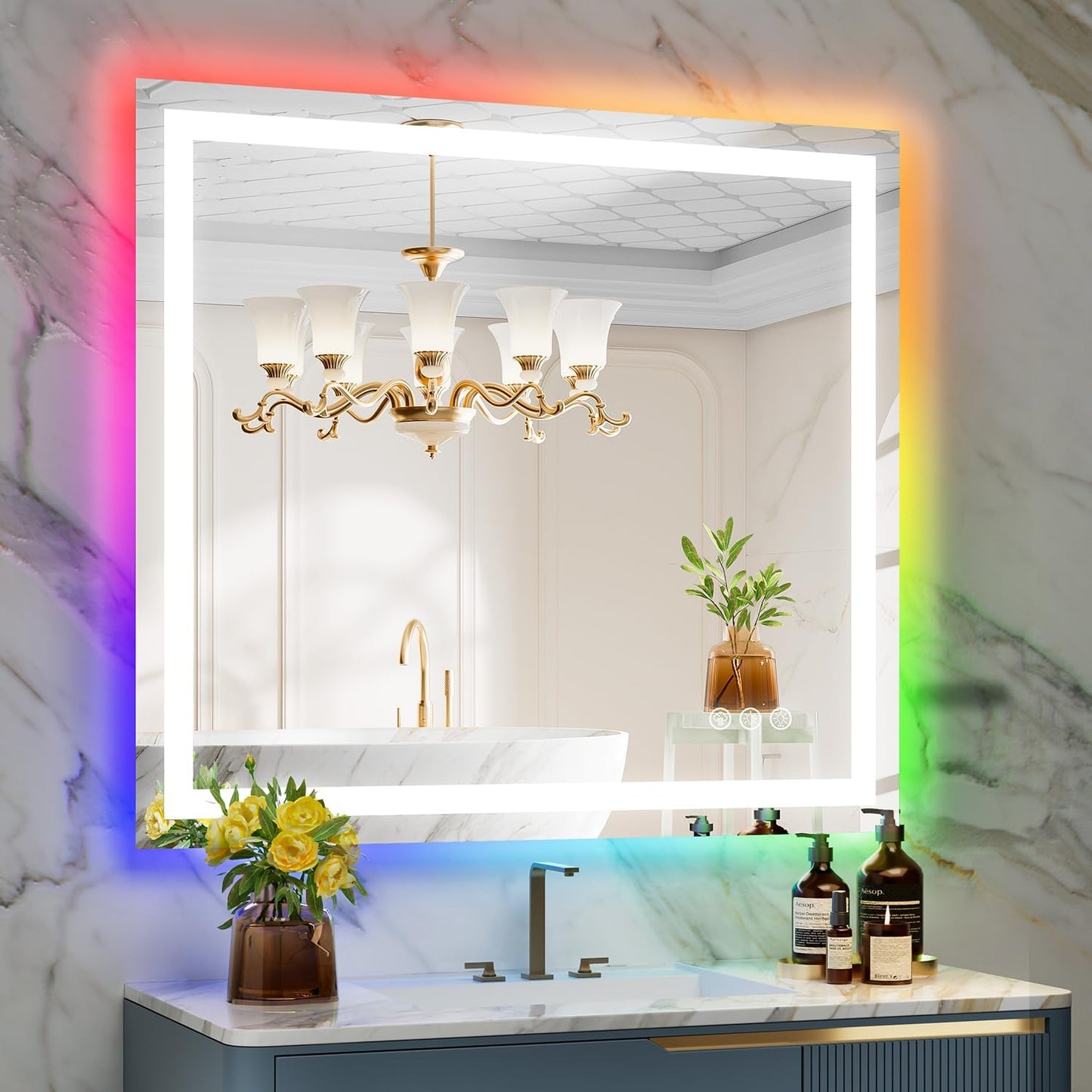 40x36 Inch RGB LED Bathroom Mirror Front Light and RGB Backlit Lighted Vanity Mirror for Bathroom Wall Mounted Dimmable Anti Fog Memory Shatter-Proof IP54 Waterproof Horizontal/Vertical