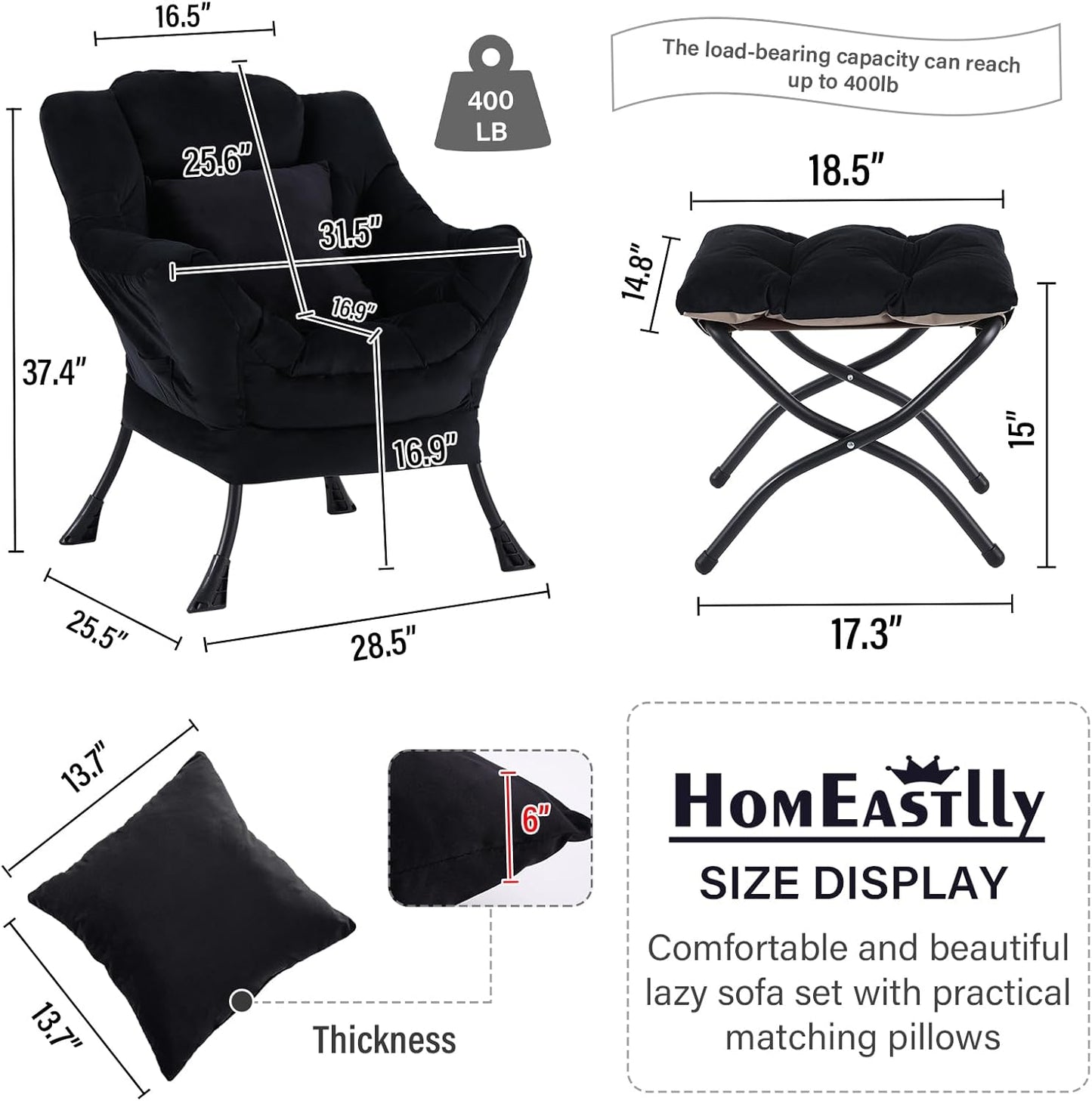 Lazy Chair with Ottoman, Modern Lounge Accent Chair with a Pillow, Leisure Sofa Armchair Set, Reading Chair with Footrest for Living Room, Bedroom, Dorm Room, Office, Velvet Black