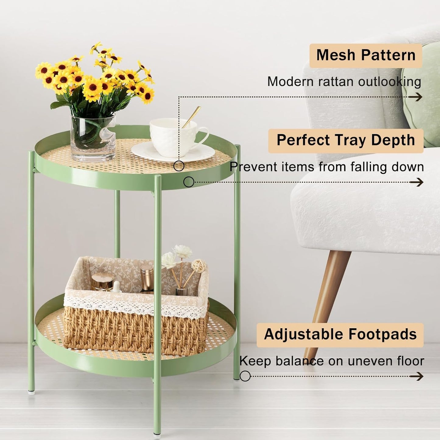 TeoKJ All Metal Side Table, 2 Tier Anti Rust End Table with Imitation Rattan Pattern on Removable Trays, Round Table for Living Room, Small Nightstand for Bedroom 20.47 Inch x 16.54 Inch Green