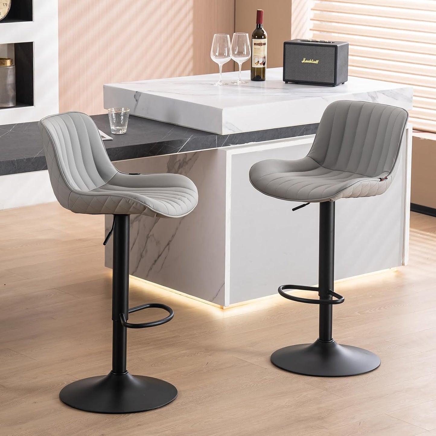 YOUNUOKE Counter Height Bar Stools Set of 2 Upholstered Kitchen Island Barstools Adjustable Swivel Stools with Back Mid Century PU Leather Padded Chairs Grey