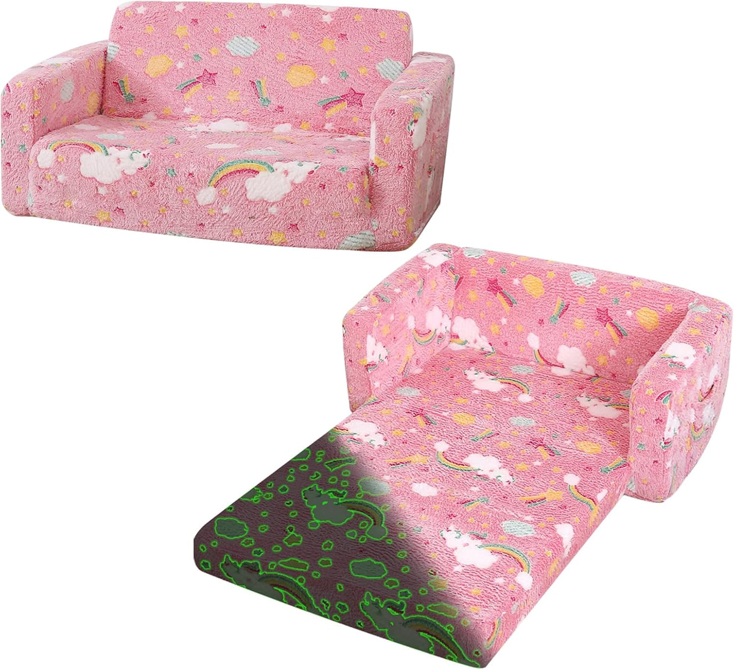 Foldable Kids Sofa Extra Wide for 2 Seats, Soft Kids Fold Out Couch Glow in The Dark,Convertible Sofa to Lounger Toddler Sofa Chair(Rainbow)
