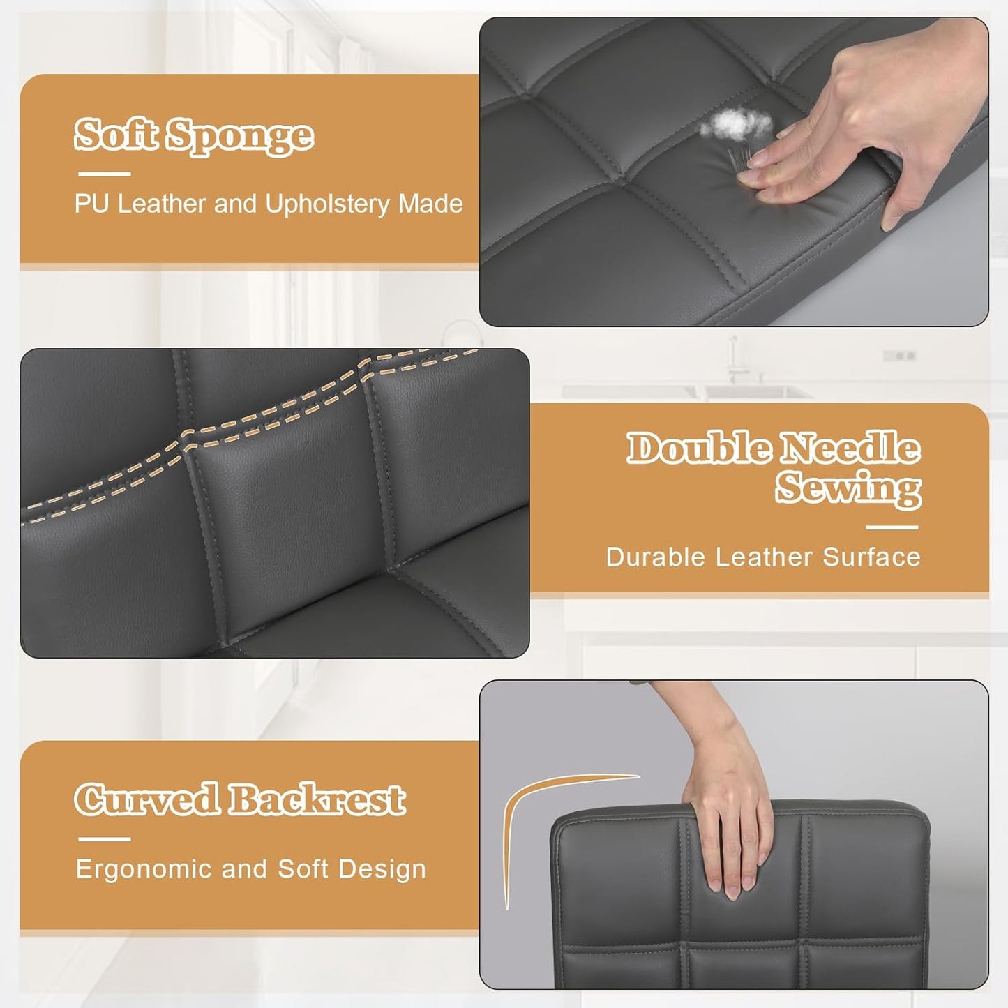 Bar Stools Set of 2, Armless Adjustable Swivel Barstools with Back, Double Needle PU Leather Counter Height Bar Stools for Kitchen Island, Grey